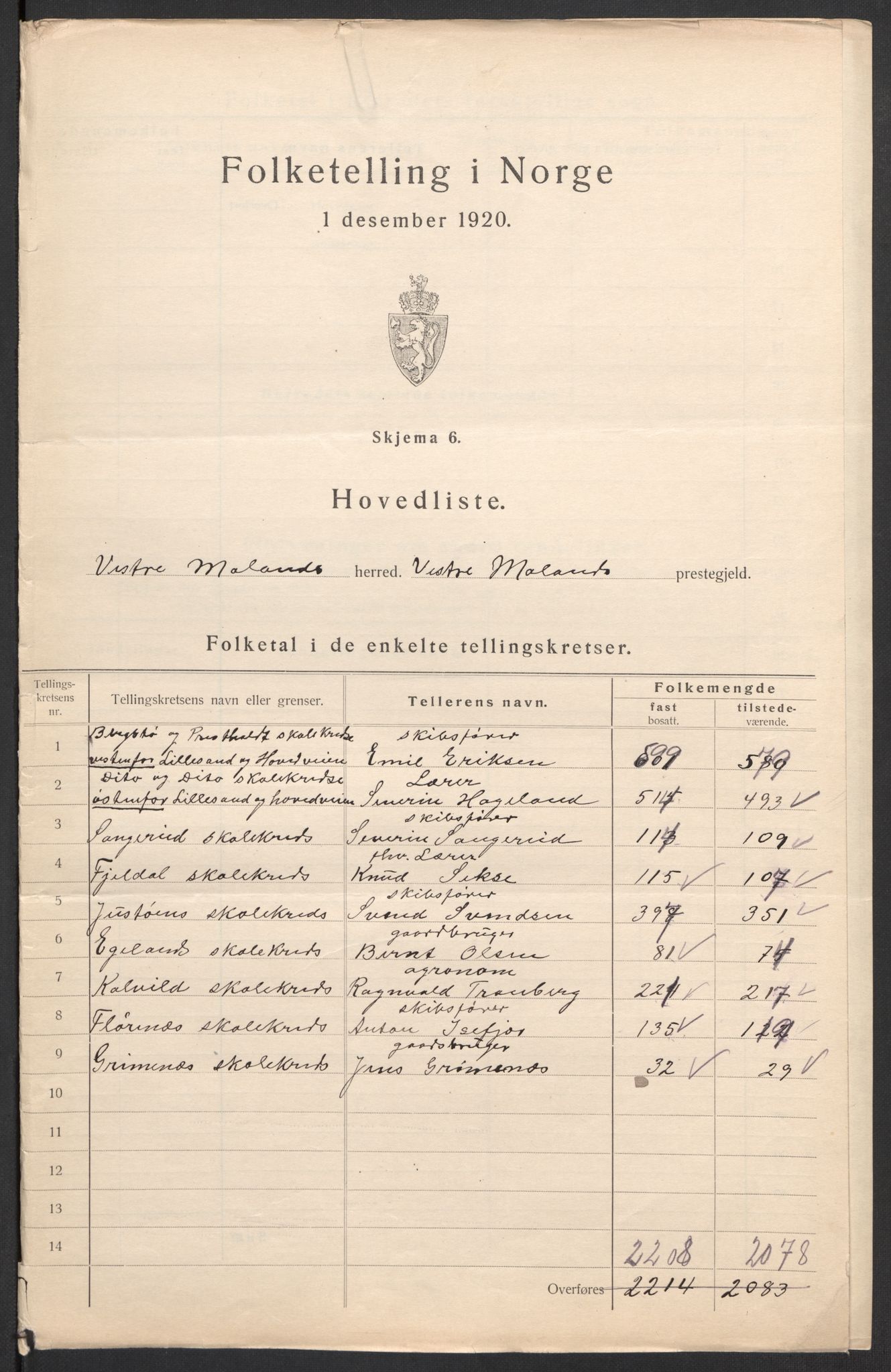 SAK, 1920 census for Vestre Moland, 1920, p. 3