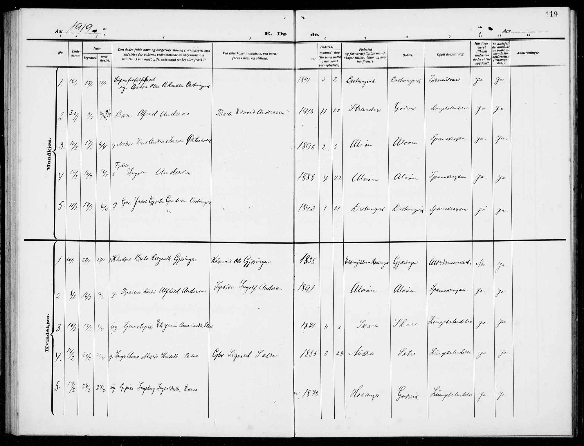 Loddefjord  sokneprestembete, AV/SAB-A-99928: Parish register (copy) no. A  1, 1915-1934, p. 119