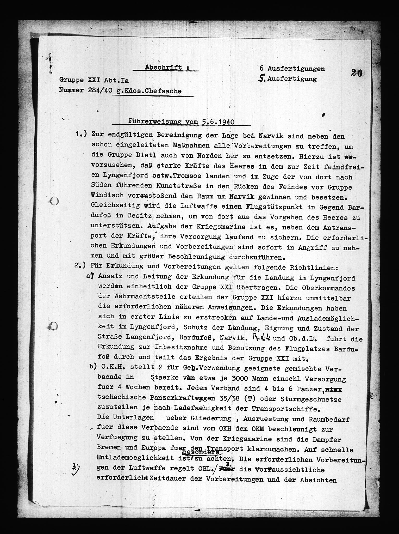 Documents Section, AV/RA-RAFA-2200/V/L0084: Amerikansk mikrofilm "Captured German Documents".
Box No. 723.  FKA jnr. 615/1954., 1940, p. 97