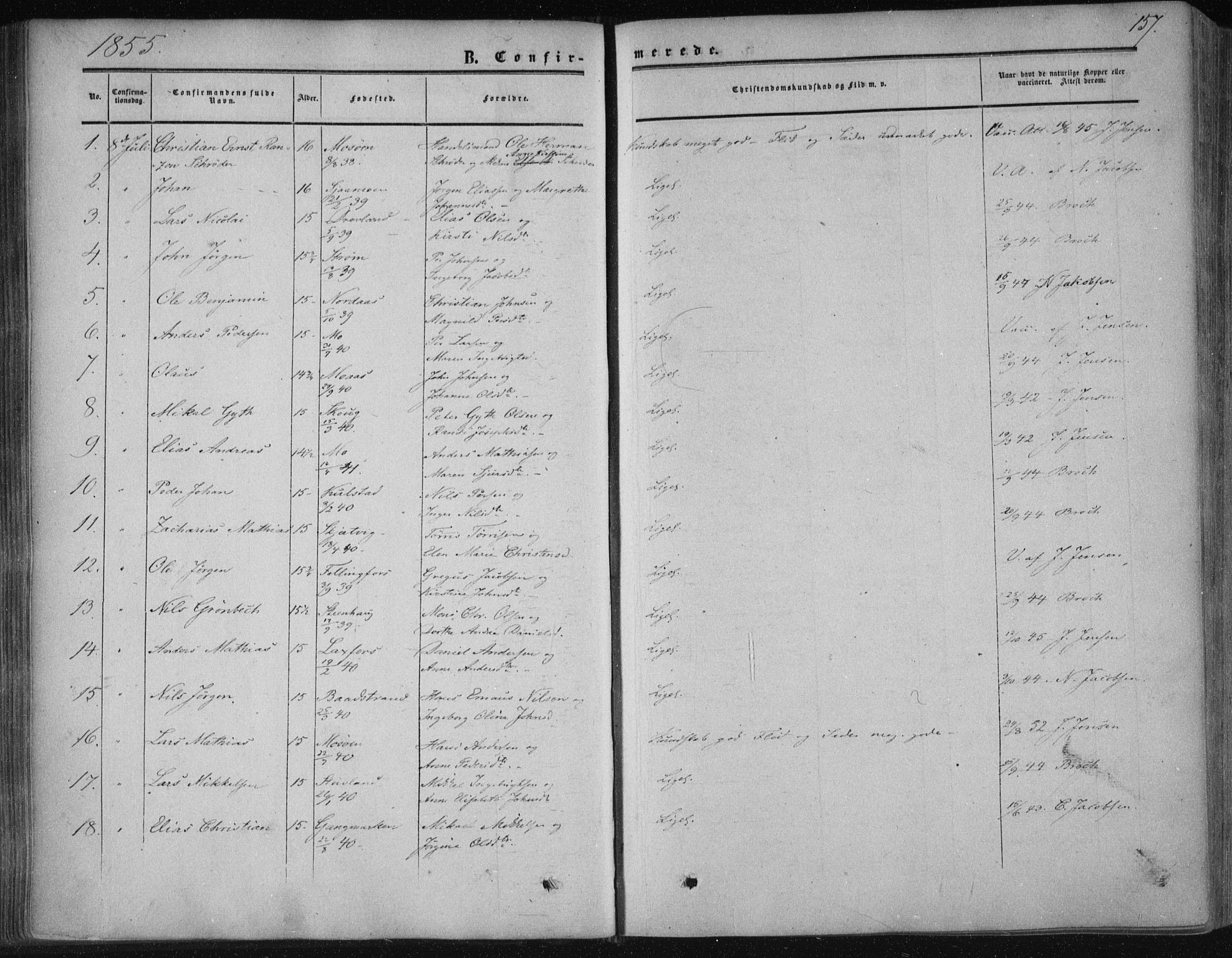 Ministerialprotokoller, klokkerbøker og fødselsregistre - Nordland, SAT/A-1459/820/L0293: Parish register (official) no. 820A14, 1855-1865, p. 157