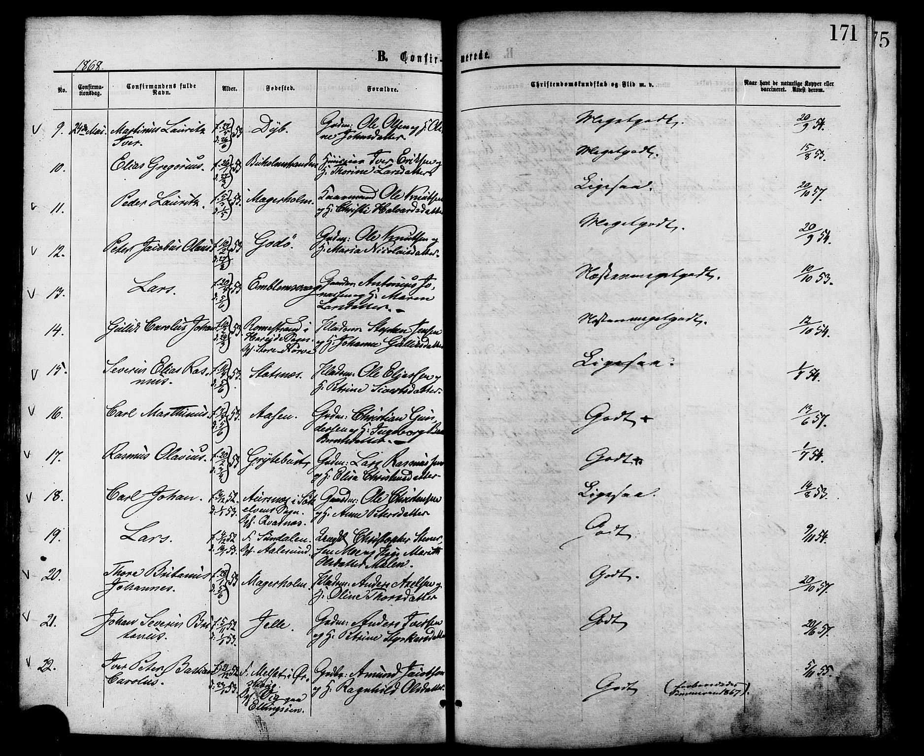 Ministerialprotokoller, klokkerbøker og fødselsregistre - Møre og Romsdal, AV/SAT-A-1454/528/L0399: Parish register (official) no. 528A10, 1864-1879, p. 171