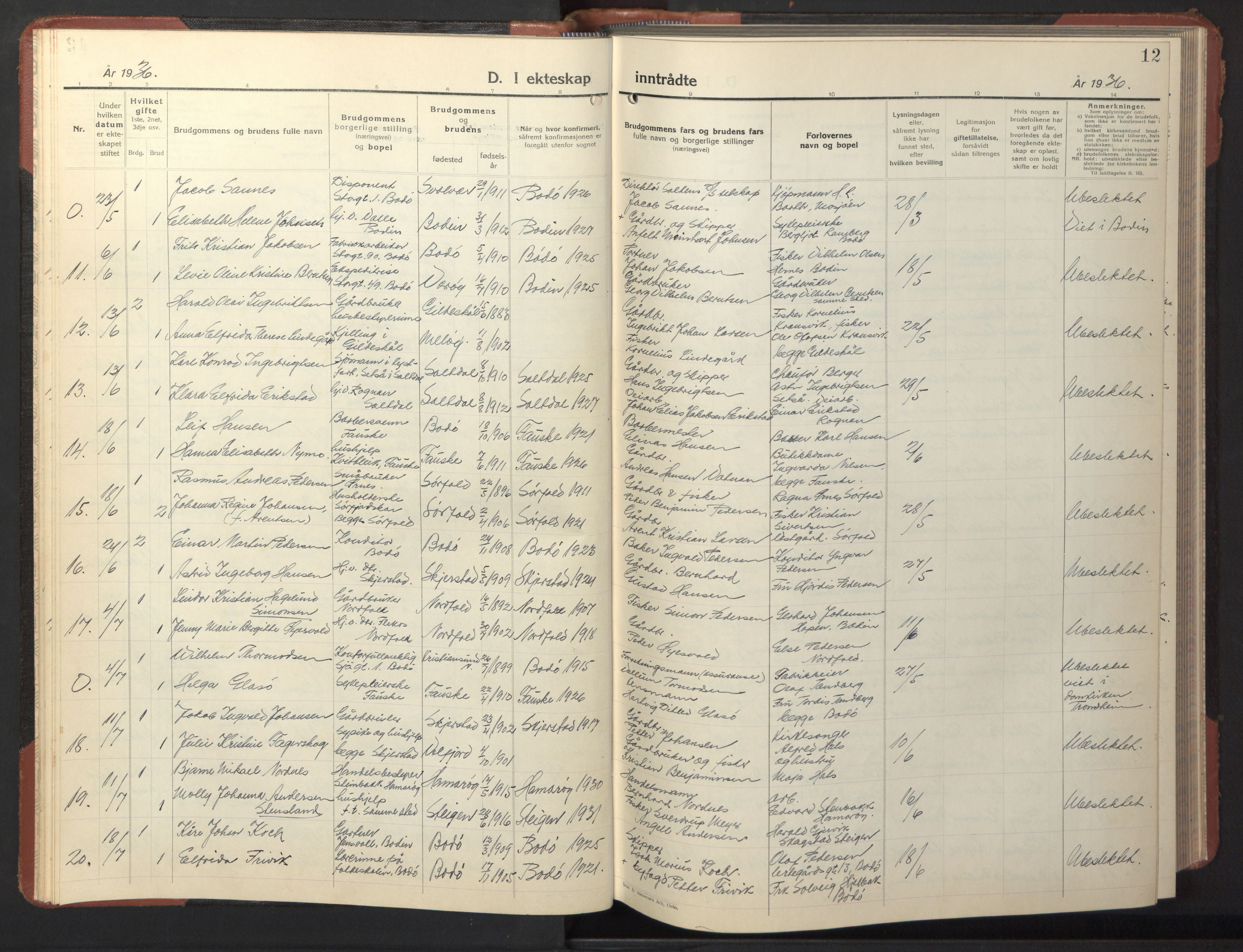 Ministerialprotokoller, klokkerbøker og fødselsregistre - Nordland, SAT/A-1459/801/L0038: Parish register (copy) no. 801C13, 1935-1951, p. 12