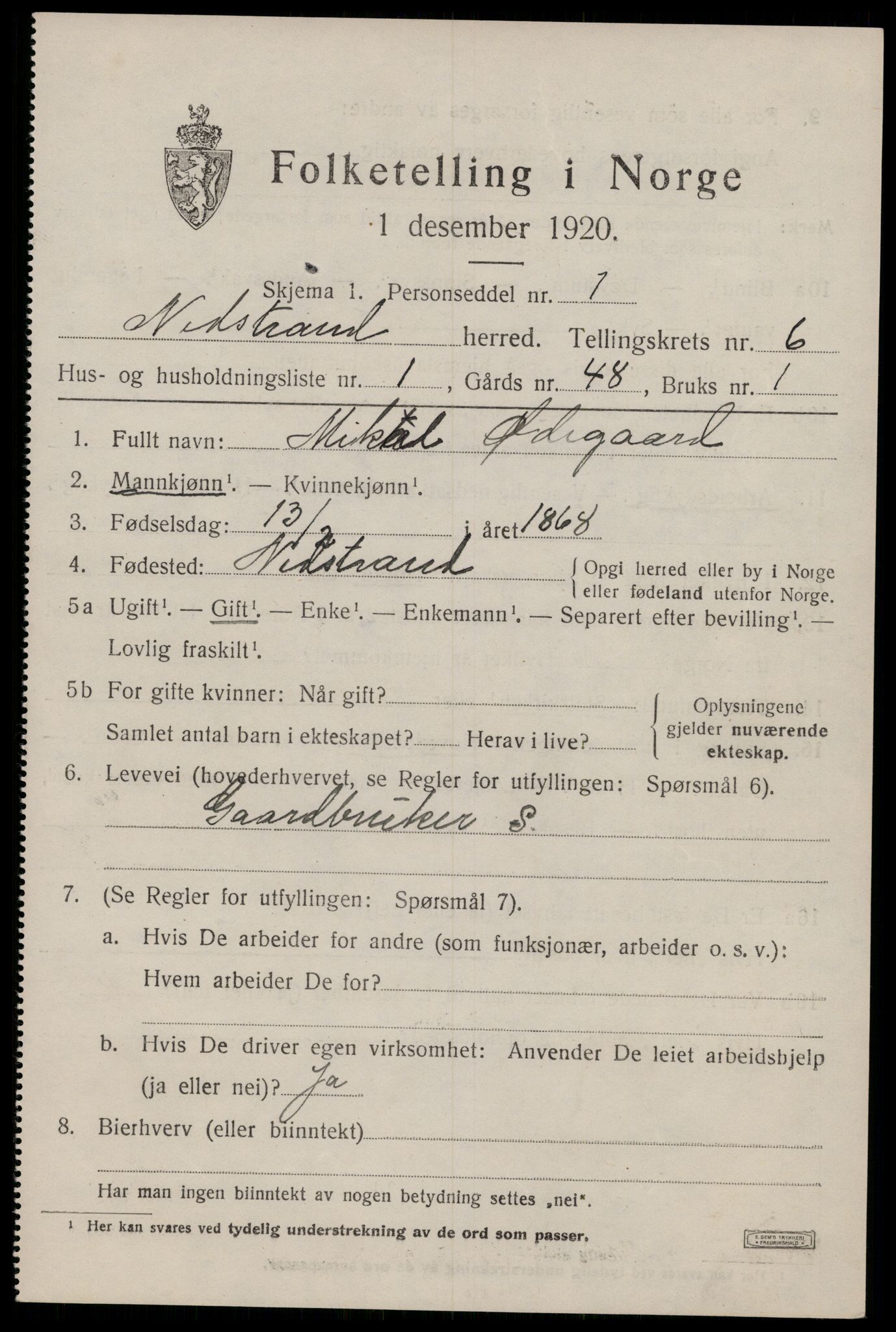 SAST, 1920 census for Nedstrand, 1920, p. 2473