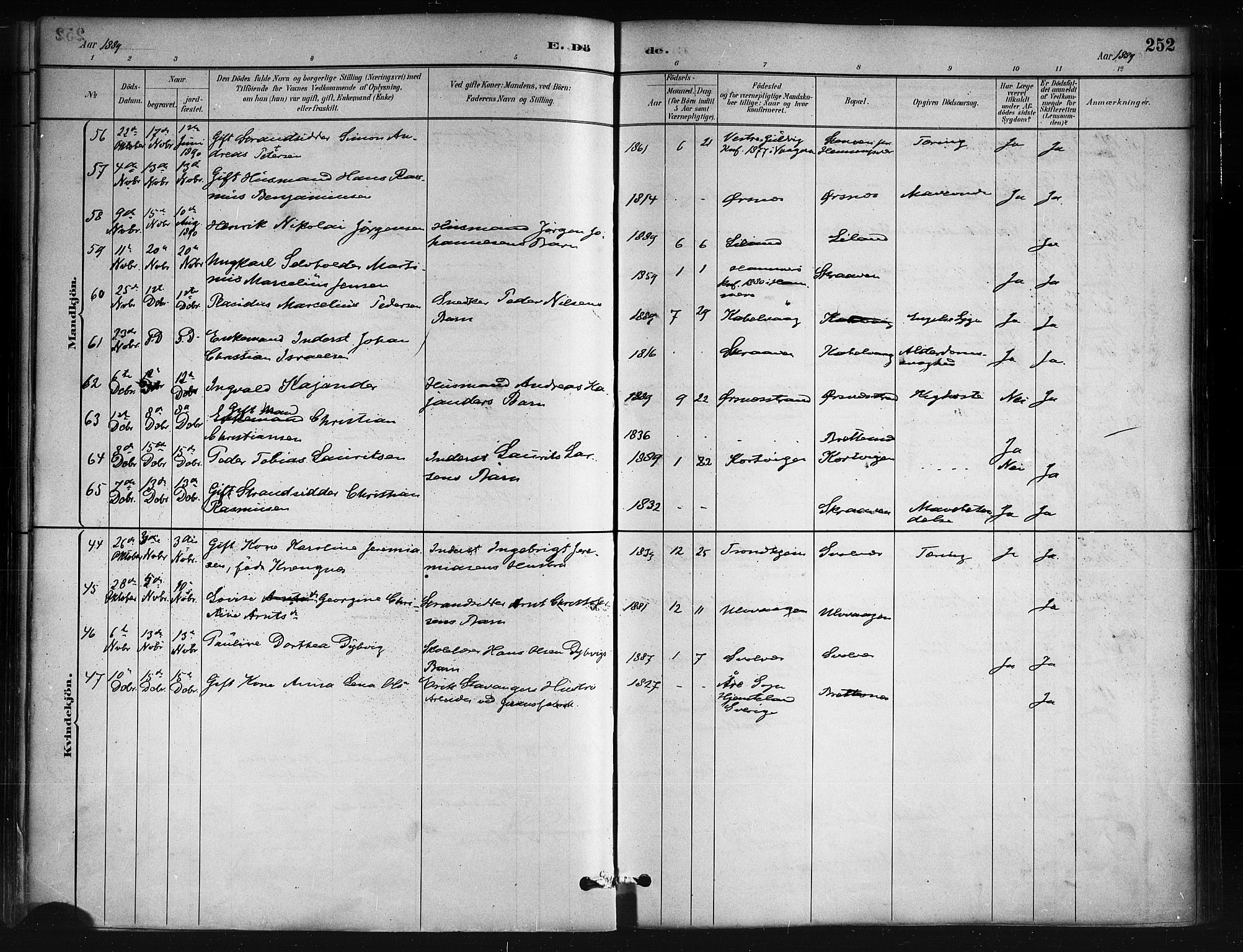 Ministerialprotokoller, klokkerbøker og fødselsregistre - Nordland, AV/SAT-A-1459/874/L1059: Parish register (official) no. 874A03, 1884-1890, p. 252