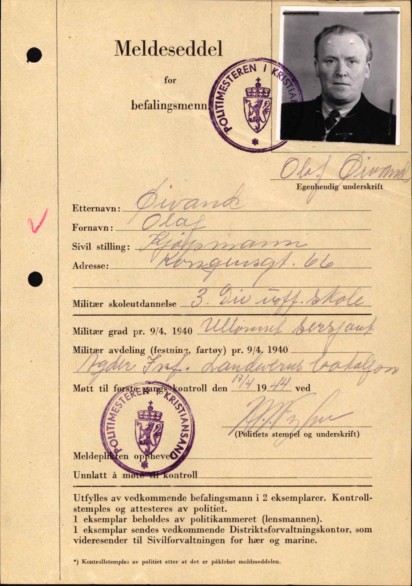 Forsvaret, Forsvarets krigshistoriske avdeling, AV/RA-RAFA-2017/Y/Yf/L0209: II-C-11-2121  -  Okkupasjonstiden.  Meldesedler for befal med foto og oppl. om militær grad 9. apr. 1940., 1944-1945, p. 1319