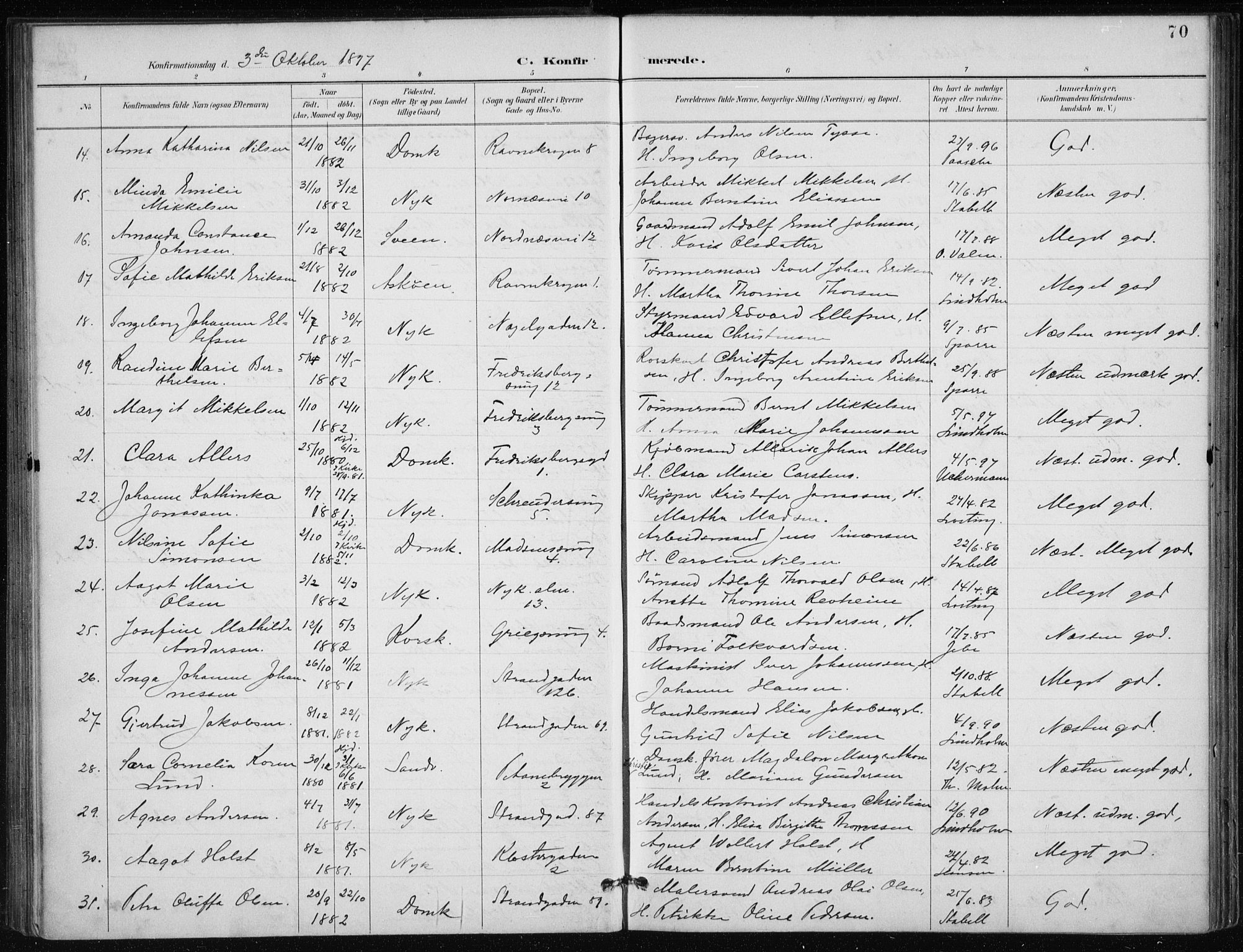 Nykirken Sokneprestembete, AV/SAB-A-77101/H/Haa/L0028: Parish register (official) no. C 7, 1887-1913, p. 70