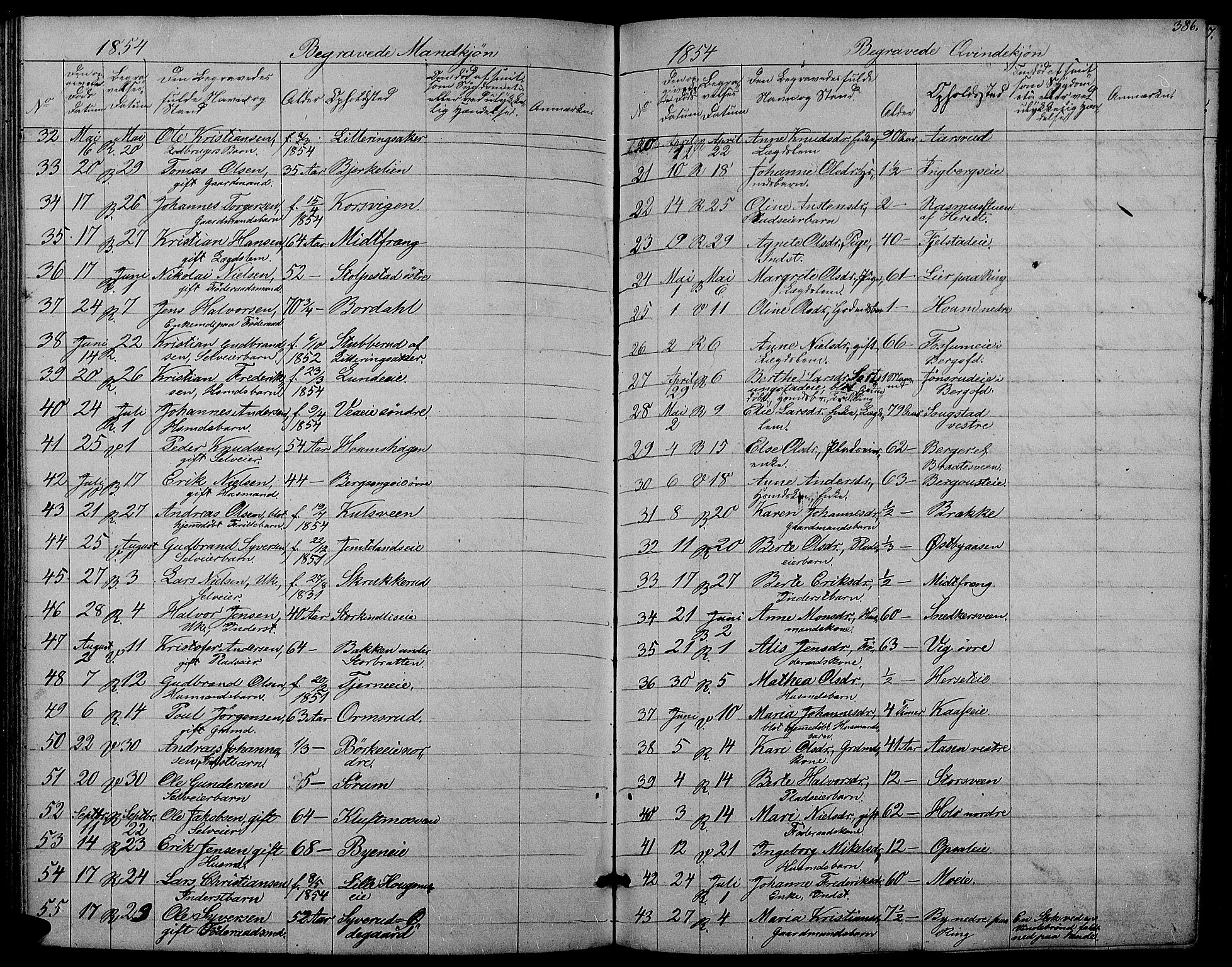 Ringsaker prestekontor, AV/SAH-PREST-014/L/La/L0006: Parish register (copy) no. 6, 1851-1860, p. 386