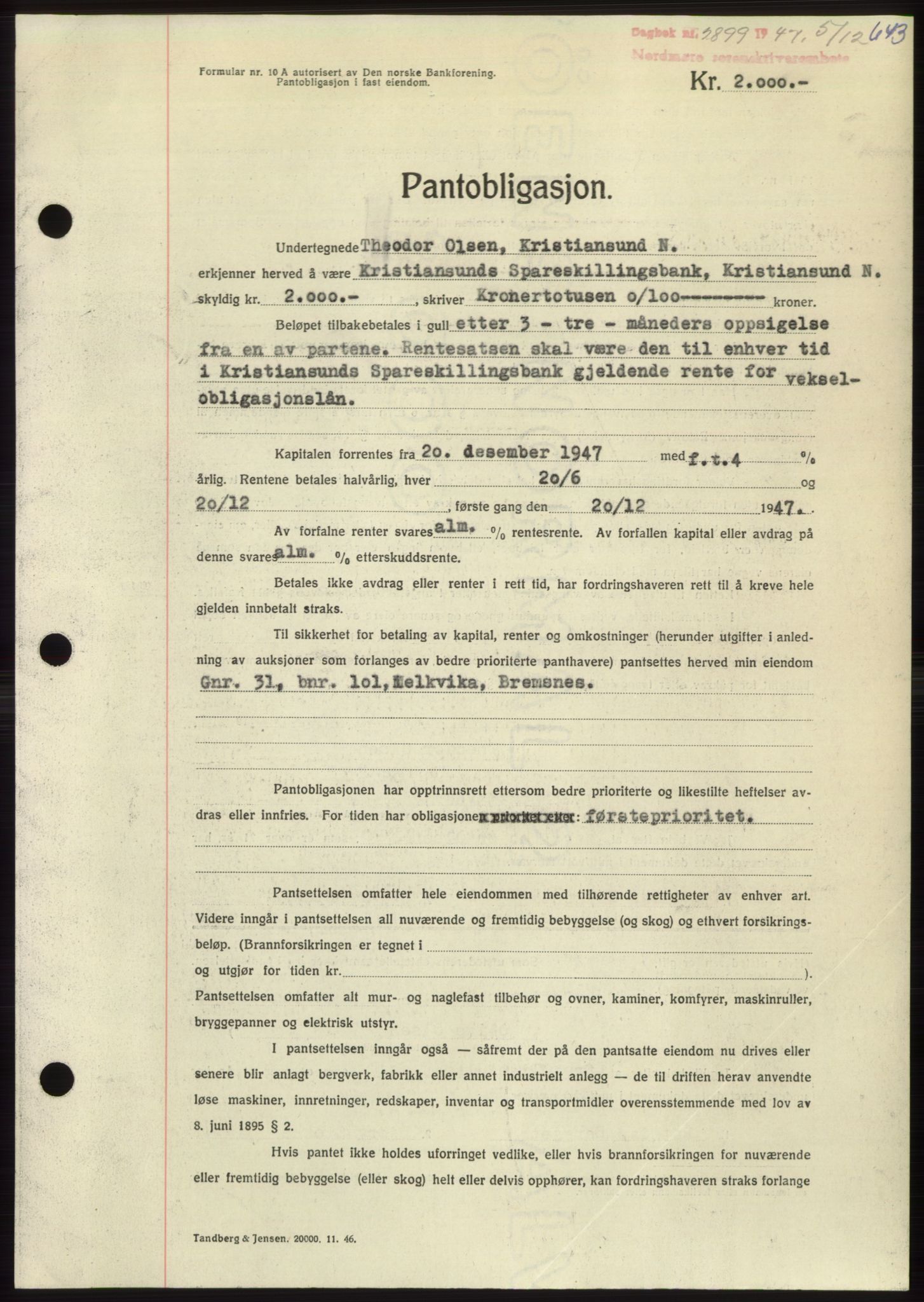 Nordmøre sorenskriveri, AV/SAT-A-4132/1/2/2Ca: Mortgage book no. B97, 1947-1948, Diary no: : 2899/1947