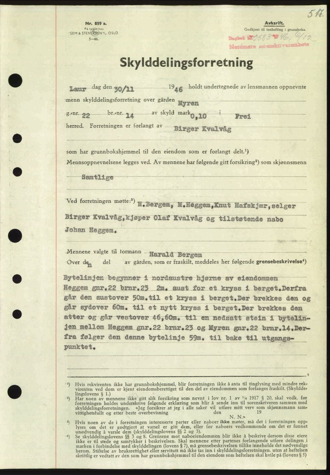 Nordmøre sorenskriveri, AV/SAT-A-4132/1/2/2Ca: Mortgage book no. A103, 1946-1947, Diary no: : 2583/1946