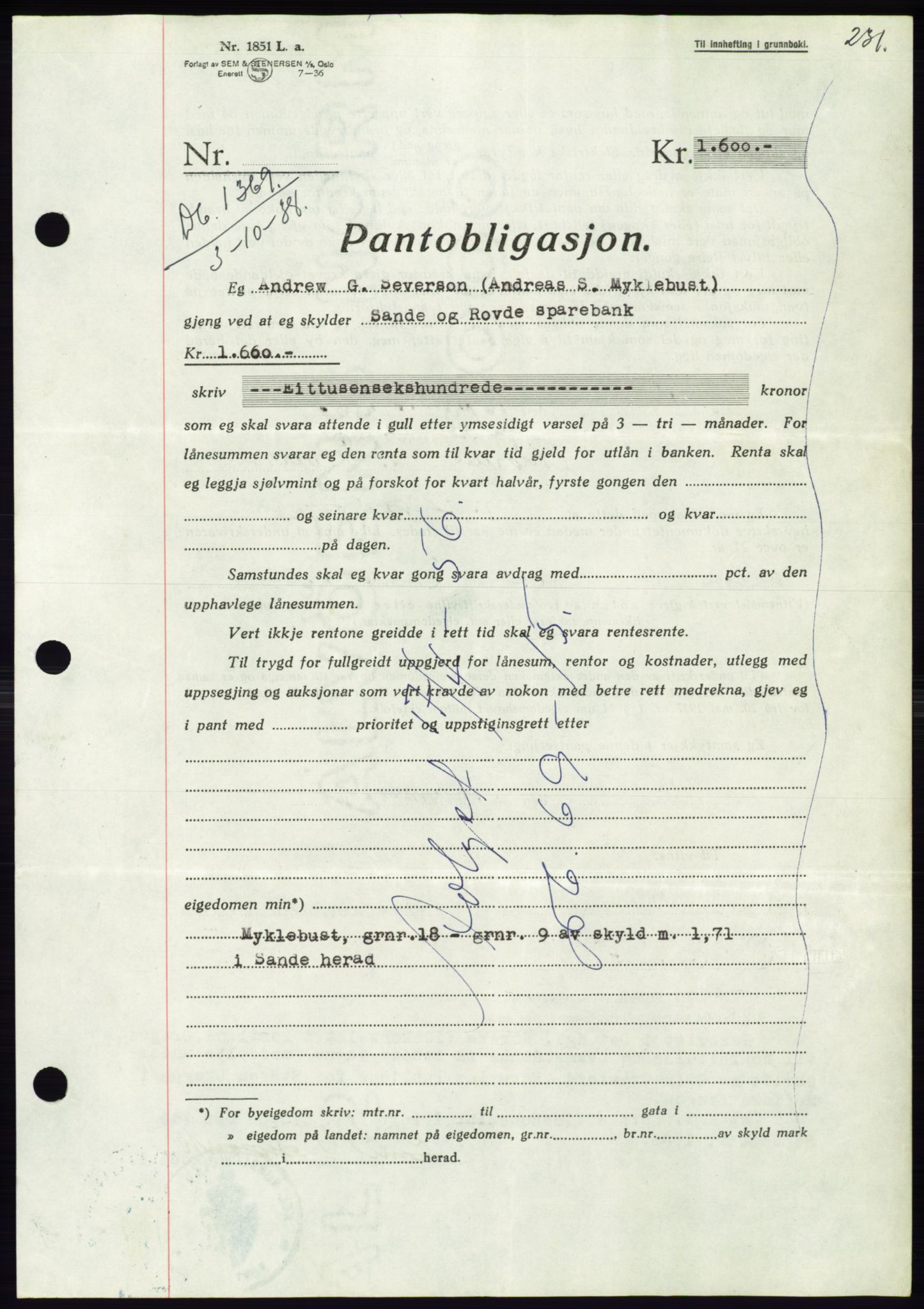 Søre Sunnmøre sorenskriveri, AV/SAT-A-4122/1/2/2C/L0066: Mortgage book no. 60, 1938-1938, Diary no: : 1369/1938