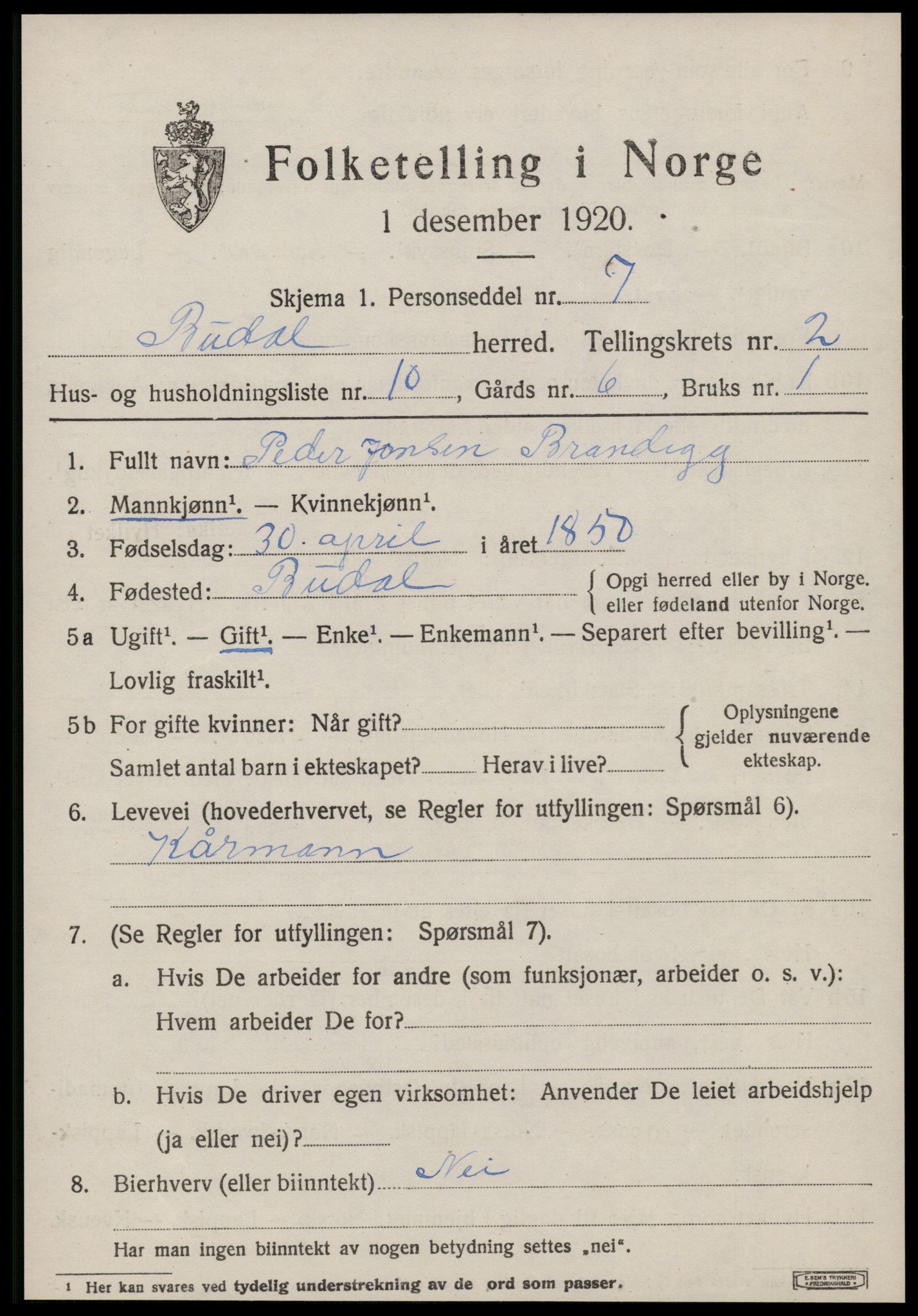 SAT, 1920 census for Budal, 1920, p. 492