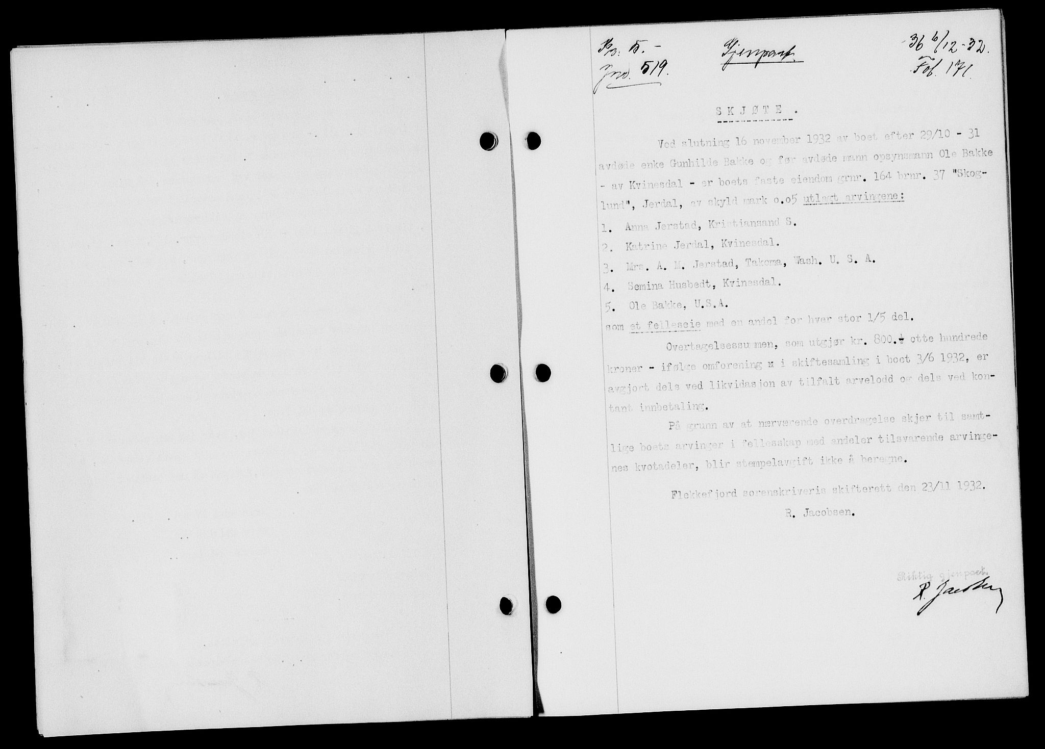 Flekkefjord sorenskriveri, SAK/1221-0001/G/Gb/Gba/L0047: Mortgage book no. 45, 1931-1932, Deed date: 06.12.1932