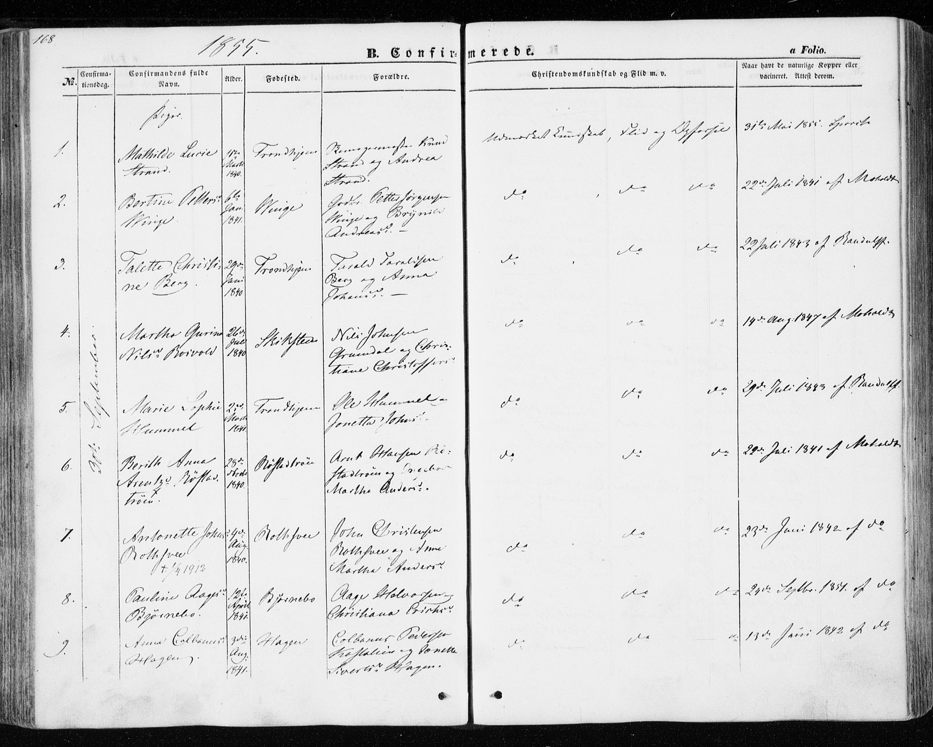 Ministerialprotokoller, klokkerbøker og fødselsregistre - Nord-Trøndelag, SAT/A-1458/701/L0008: Parish register (official) no. 701A08 /1, 1854-1863, p. 168