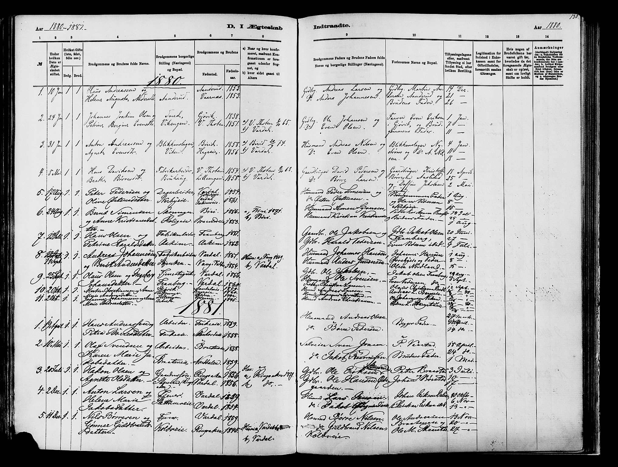Vardal prestekontor, SAH/PREST-100/H/Ha/Haa/L0009: Parish register (official) no. 9, 1878-1892, p. 130
