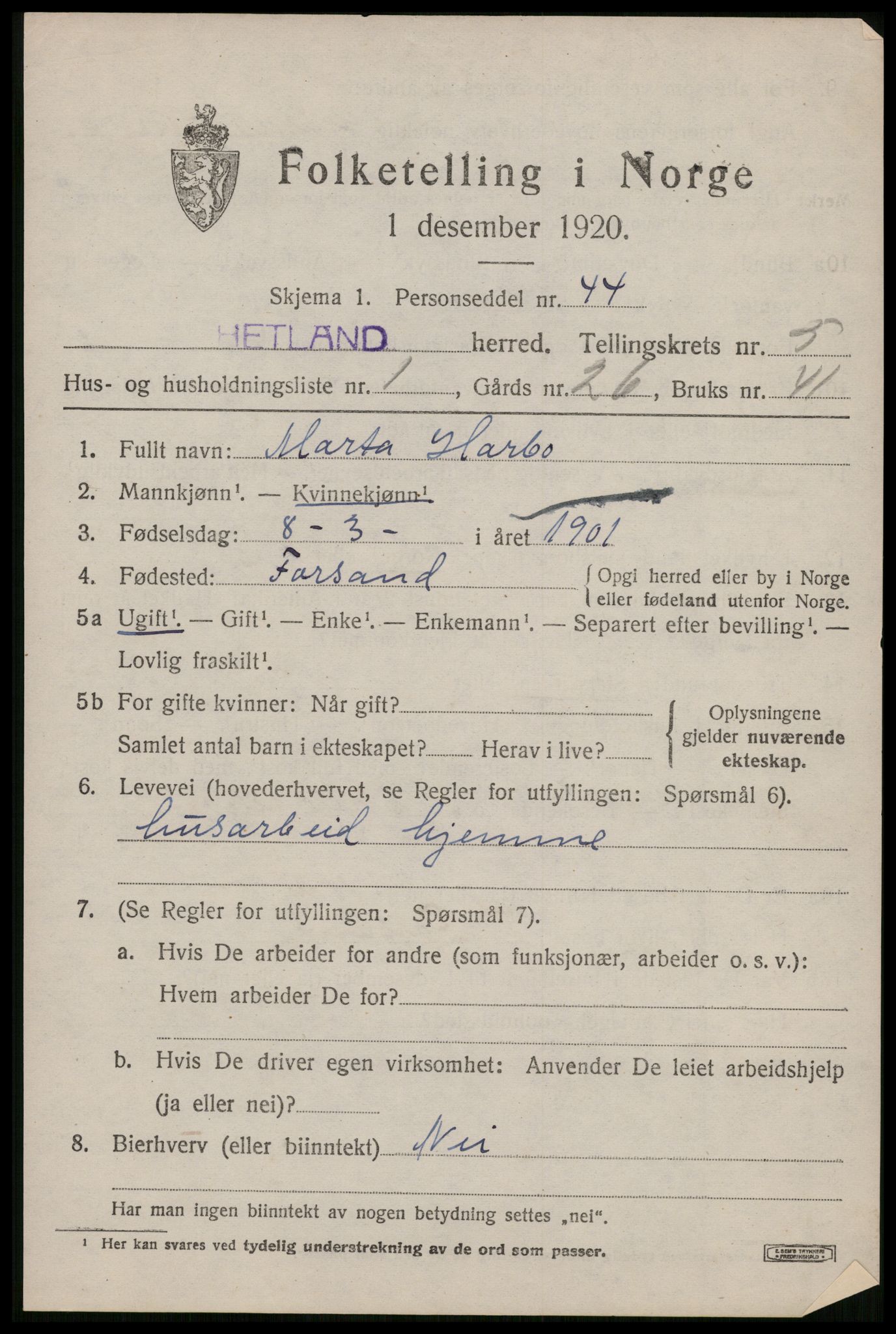SAST, 1920 census for Hetland, 1920, p. 8237