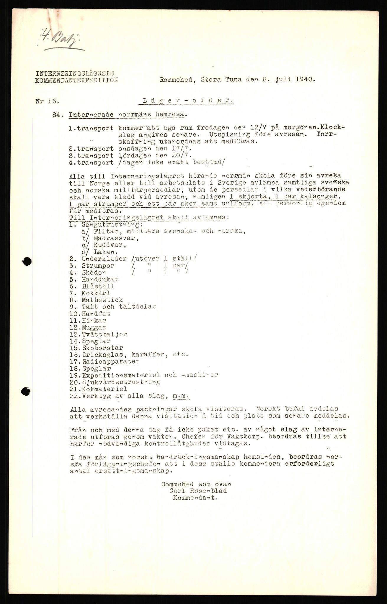 Forsvaret, Forsvarets krigshistoriske avdeling, AV/RA-RAFA-2017/Y/Yf/L0205: II-C-11-2110 - Norske internert i Sverige 1940, 1940, p. 3