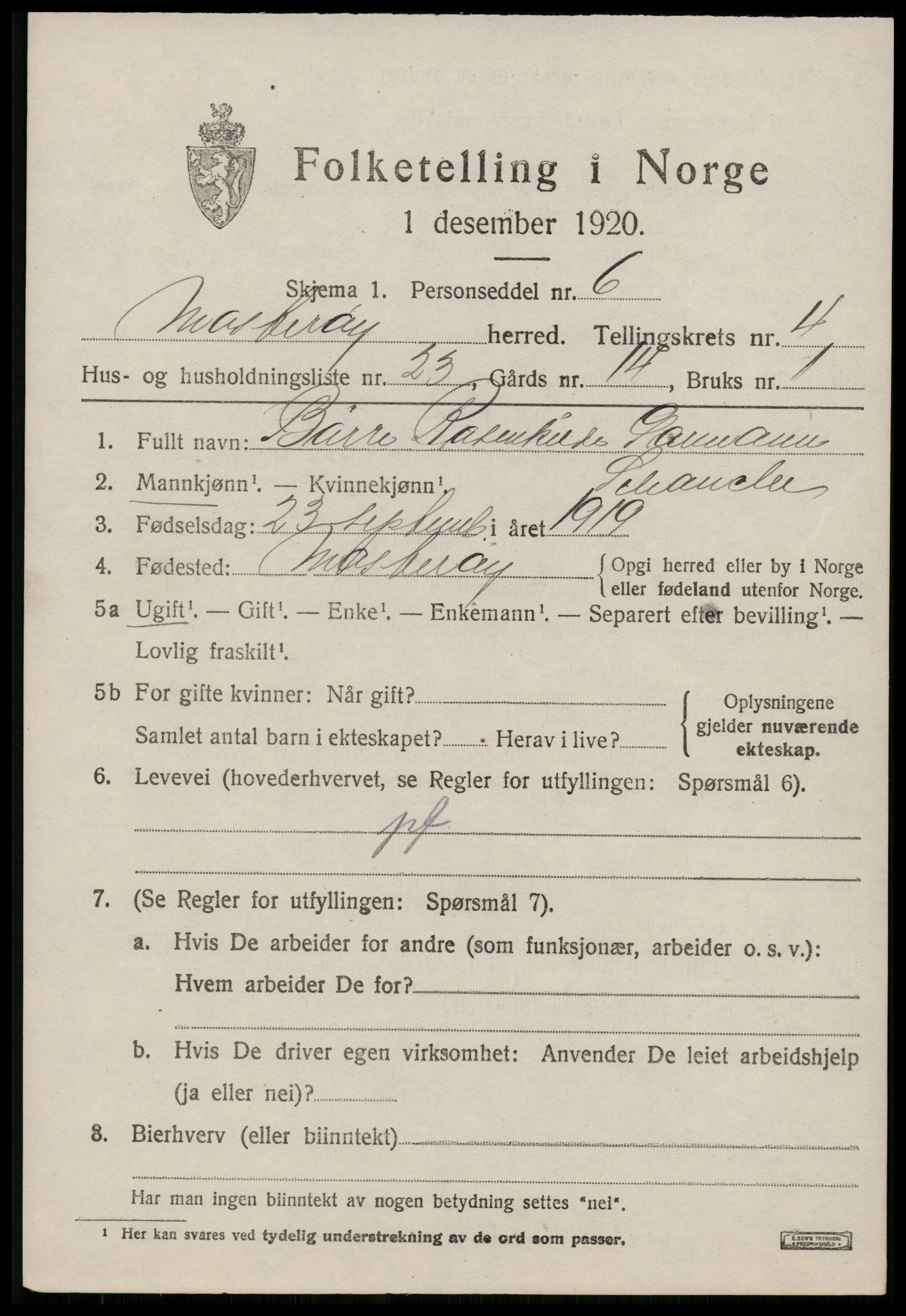 SAST, 1920 census for Mosterøy, 1920, p. 1912