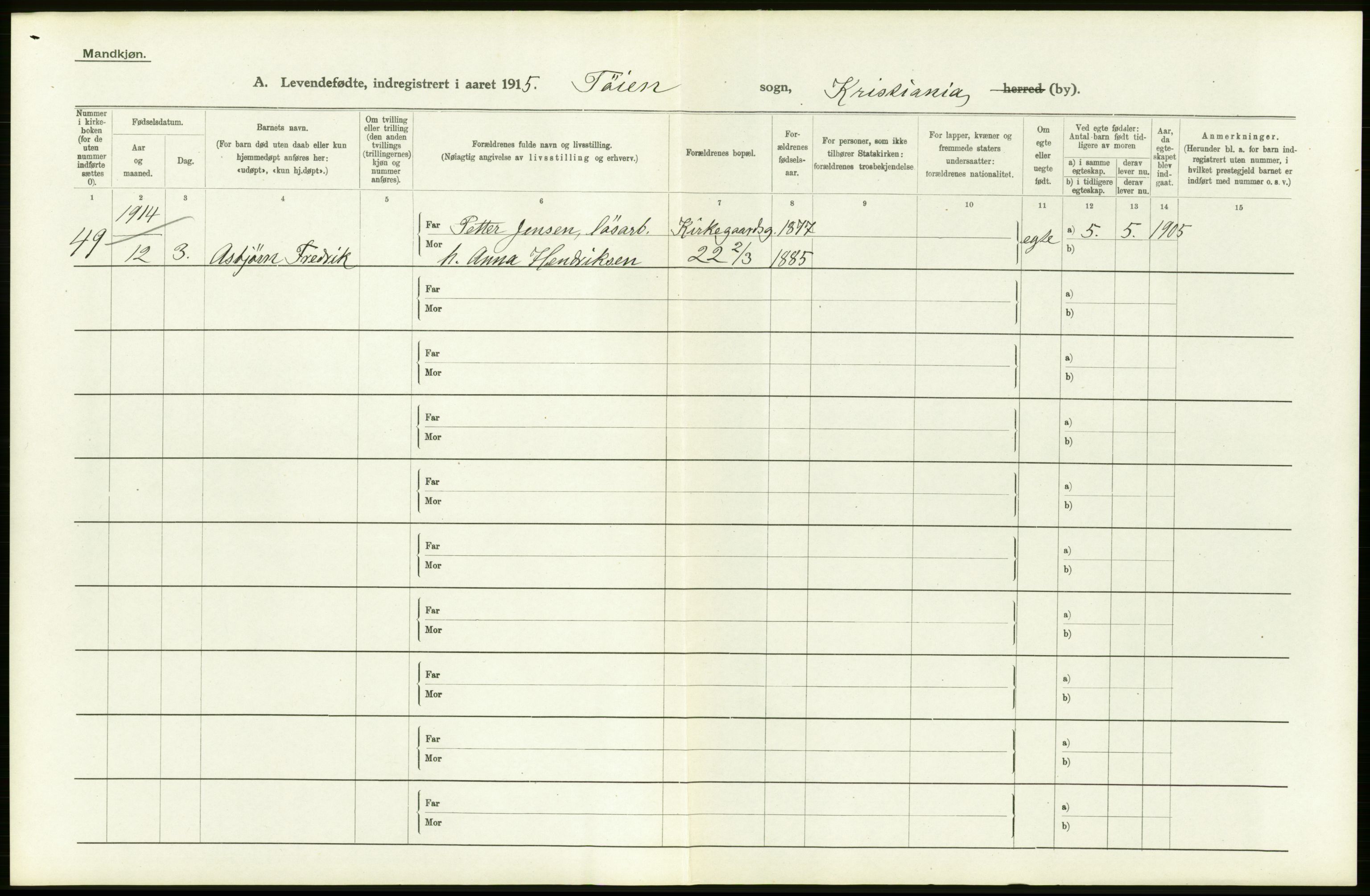 Statistisk sentralbyrå, Sosiodemografiske emner, Befolkning, RA/S-2228/D/Df/Dfb/Dfbe/L0006: Kristiania: Levendefødte menn og kvinner., 1915, p. 176