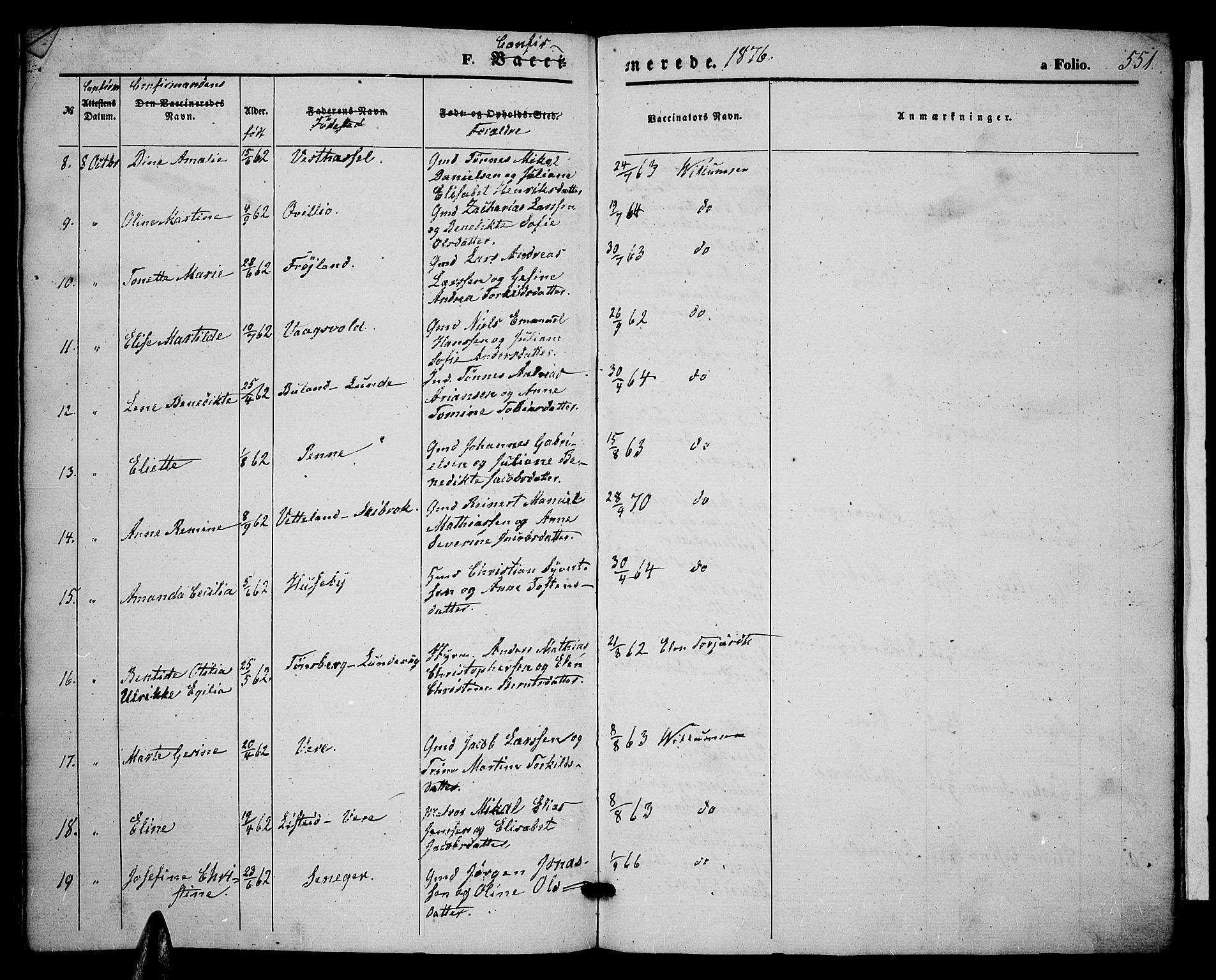 Lista sokneprestkontor, SAK/1111-0027/F/Fb/L0003: Parish register (copy) no. B 3, 1862-1877, p. 551