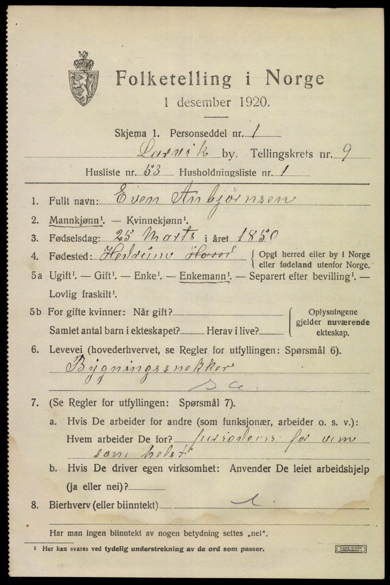 SAKO, 1920 census for Larvik, 1920, p. 25568