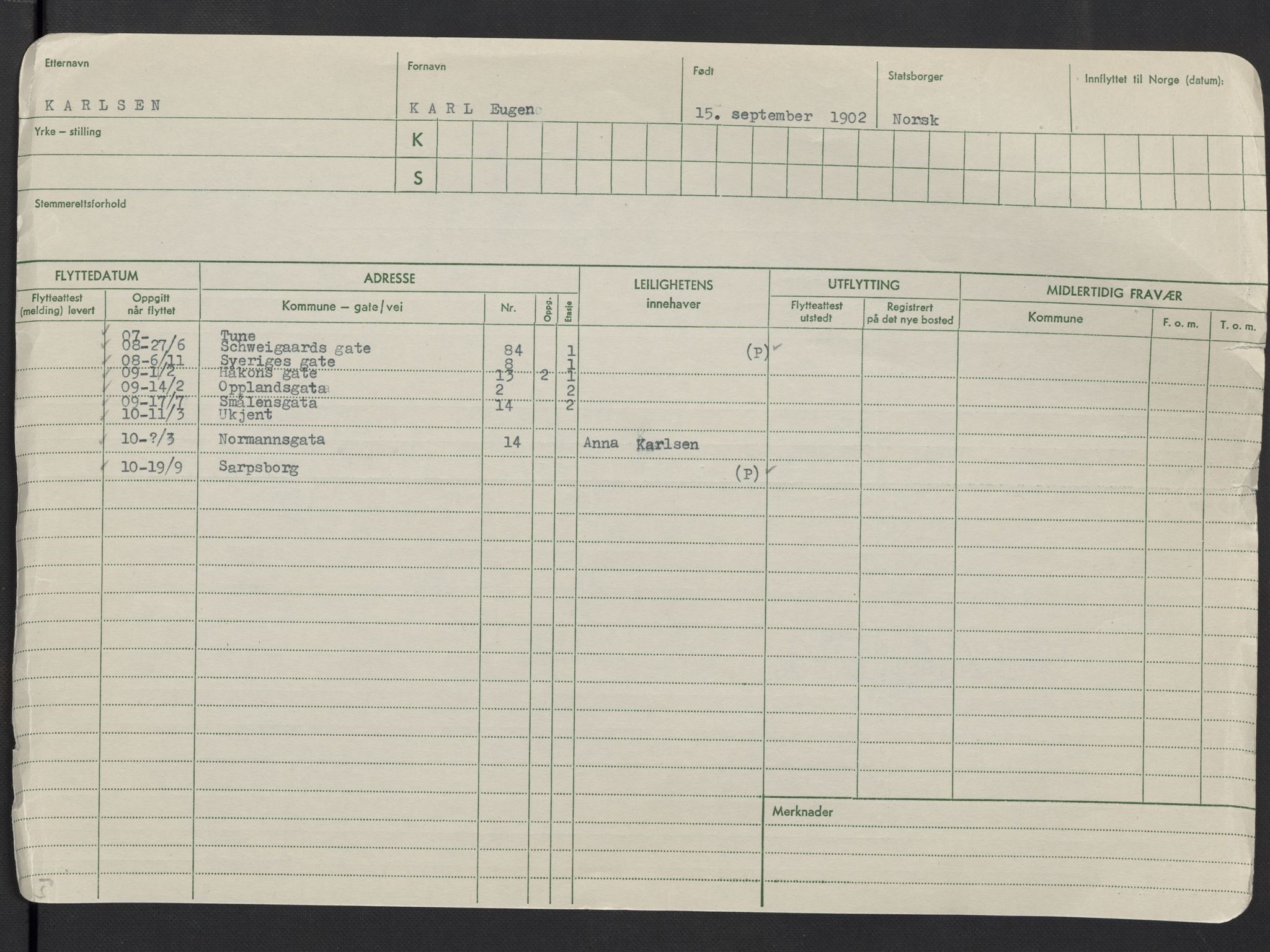 Oslo folkeregister, Registerkort, SAO/A-11715/F/Fa/Fac/L0006: Menn, 1906-1914, p. 101a