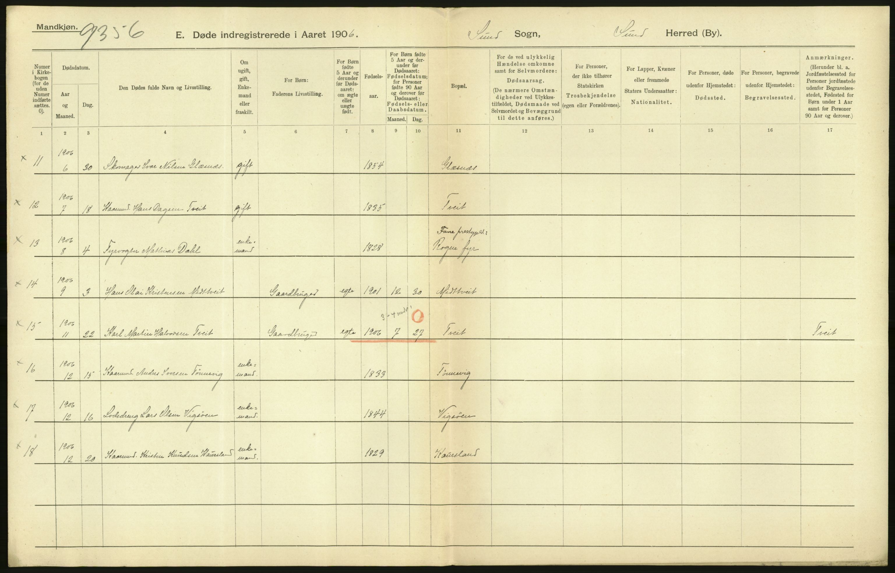 Statistisk sentralbyrå, Sosiodemografiske emner, Befolkning, AV/RA-S-2228/D/Df/Dfa/Dfad/L0030: S. Bergenhus amt: Døde. Bygder., 1906, p. 118