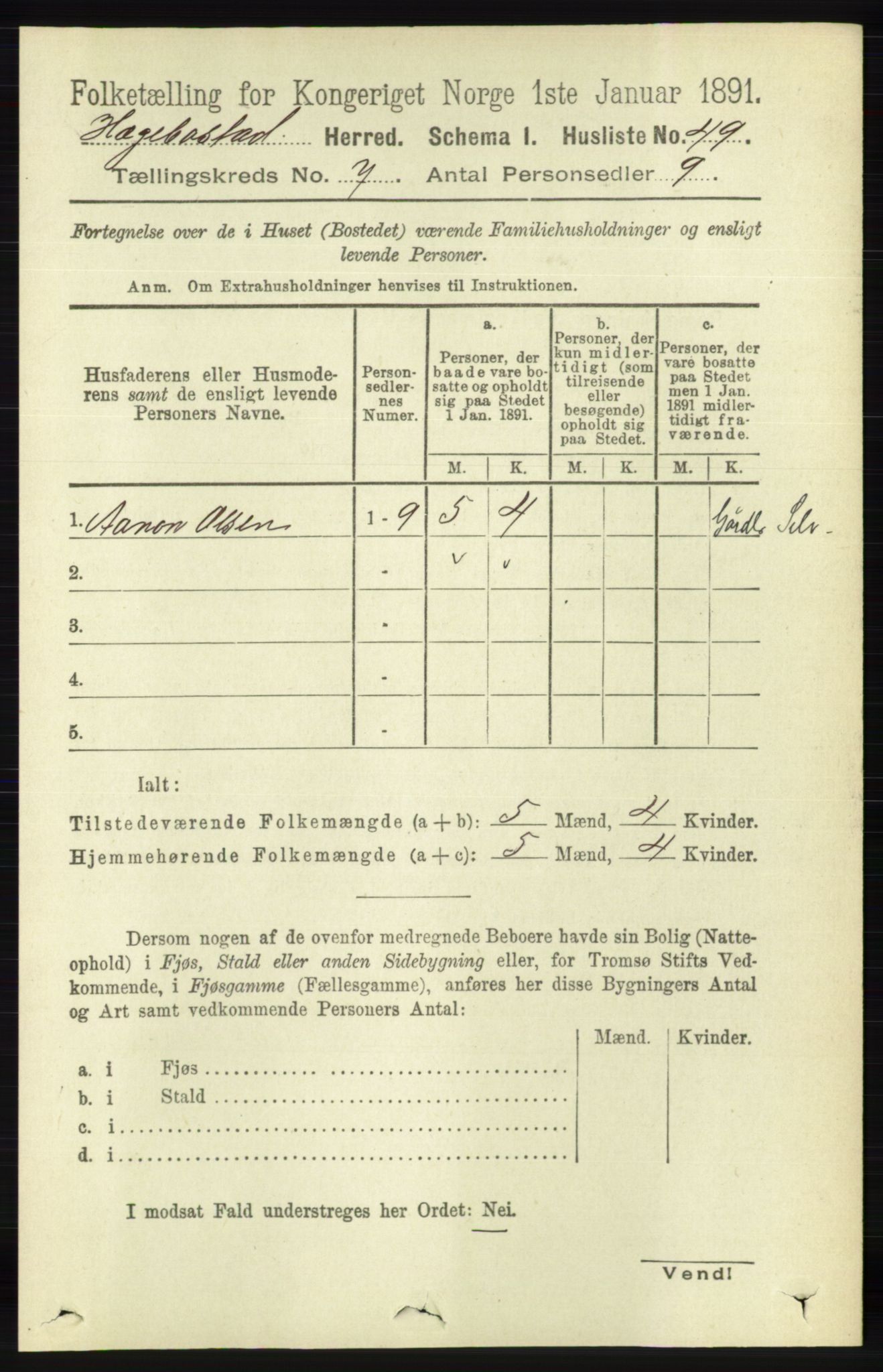 RA, 1891 census for 1034 Hægebostad, 1891, p. 2096