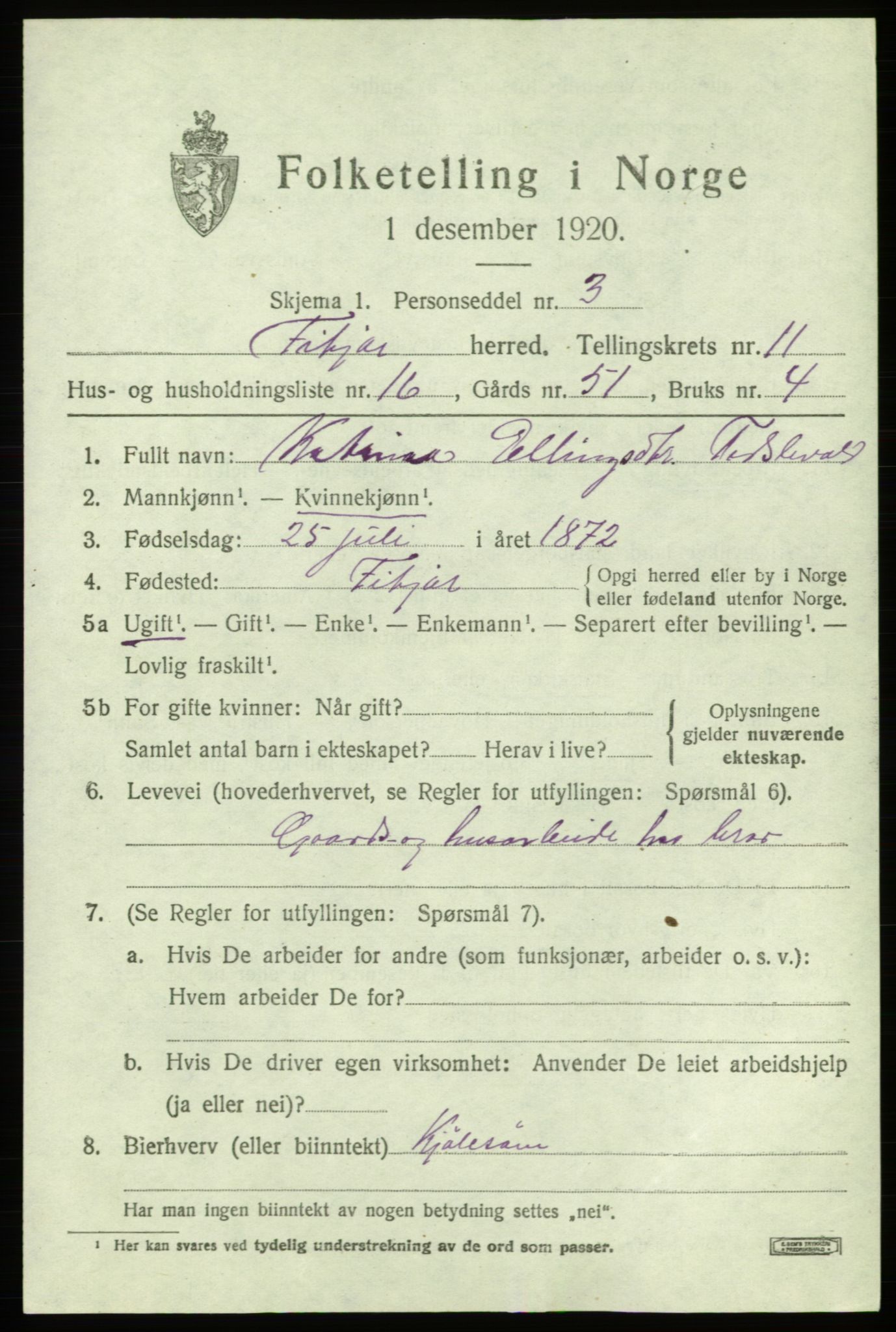 SAB, 1920 census for Fitjar, 1920, p. 4494