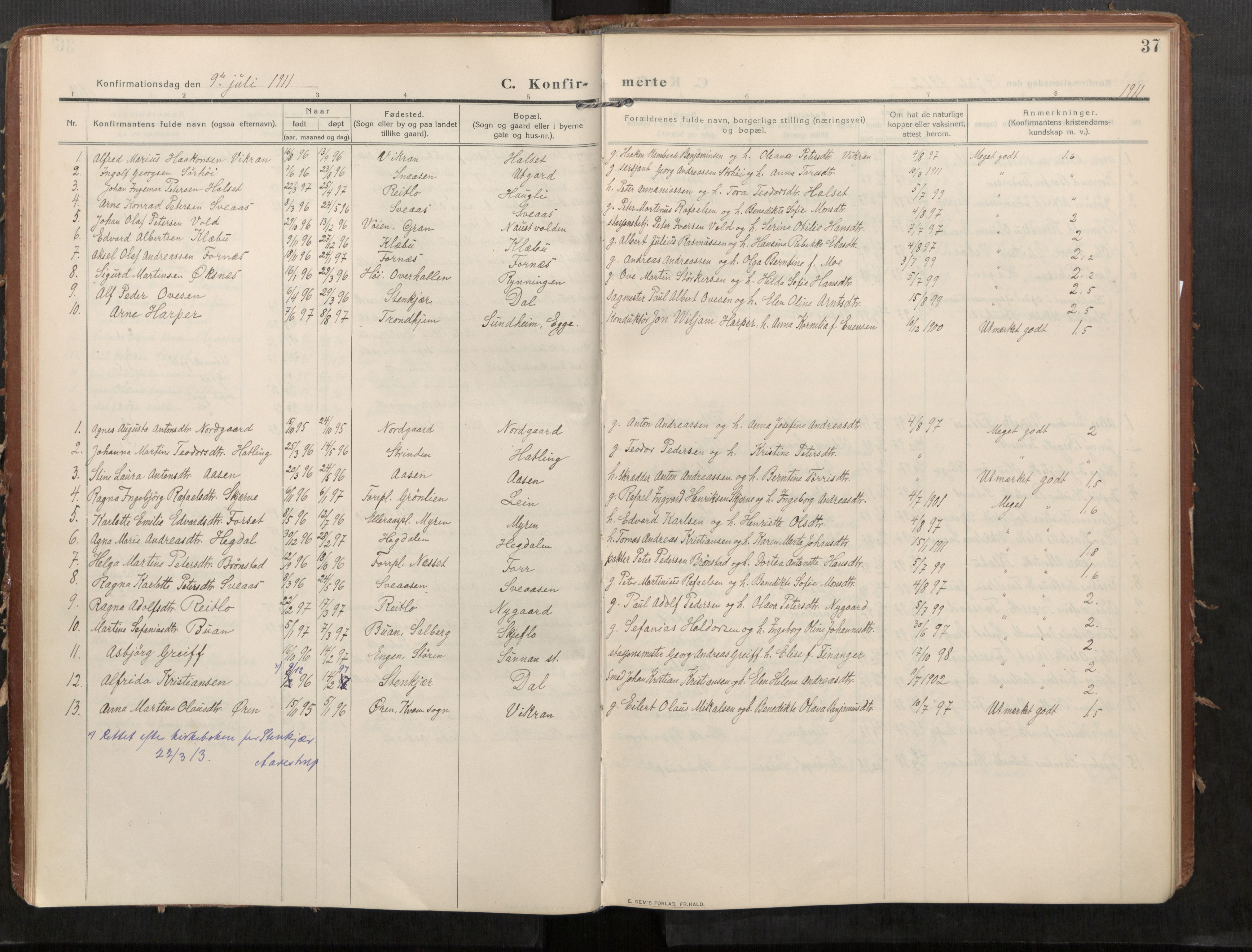 Stod sokneprestkontor, AV/SAT-A-1164/1/I/I1/I1a/L0002: Parish register (official) no. 2, 1909-1922, p. 37