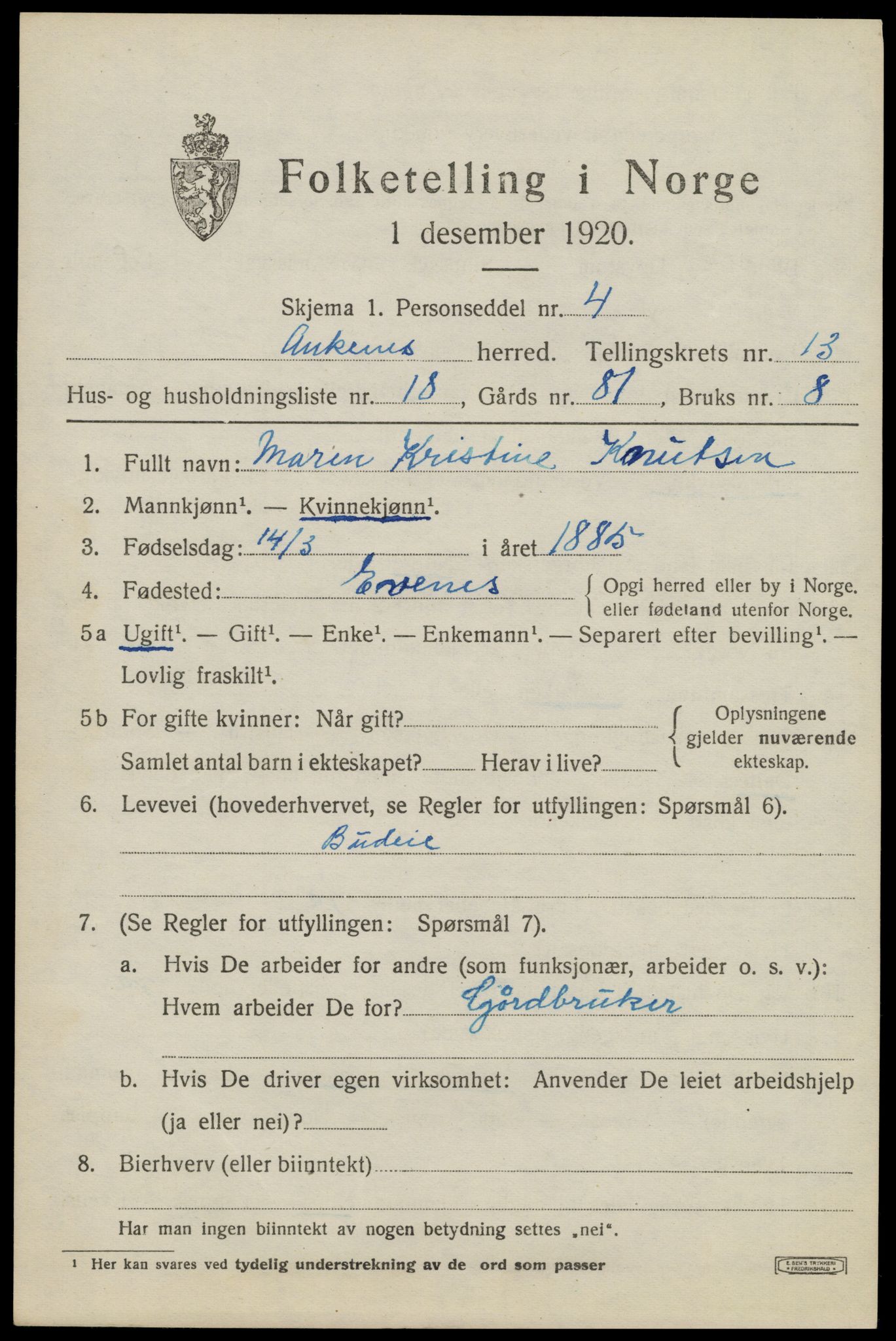 SAT, 1920 census for Ankenes, 1920, p. 6803