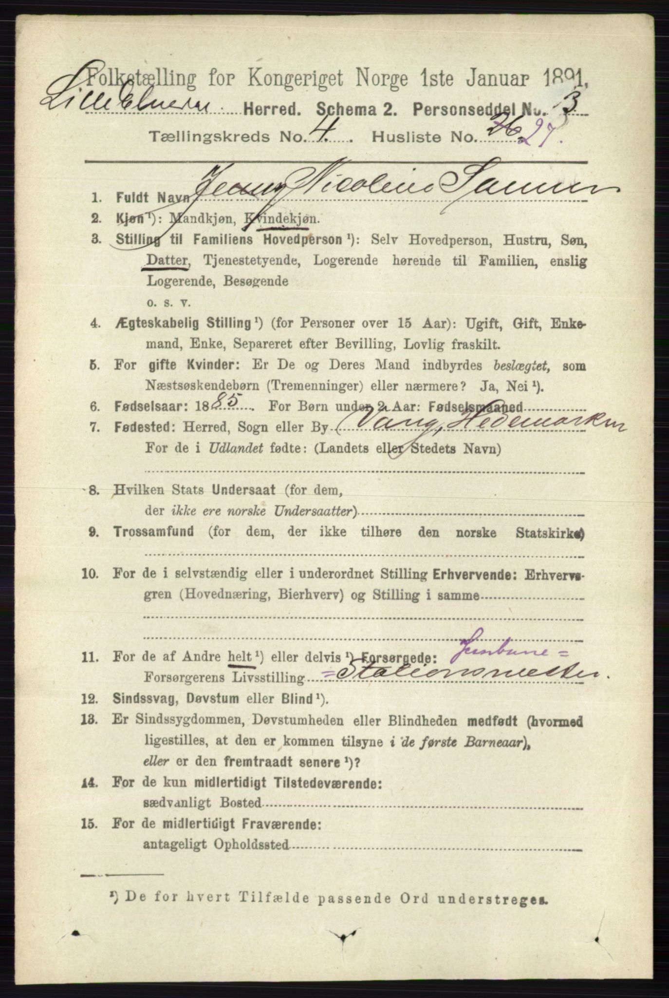 RA, 1891 census for 0438 Lille Elvedalen, 1891, p. 1503