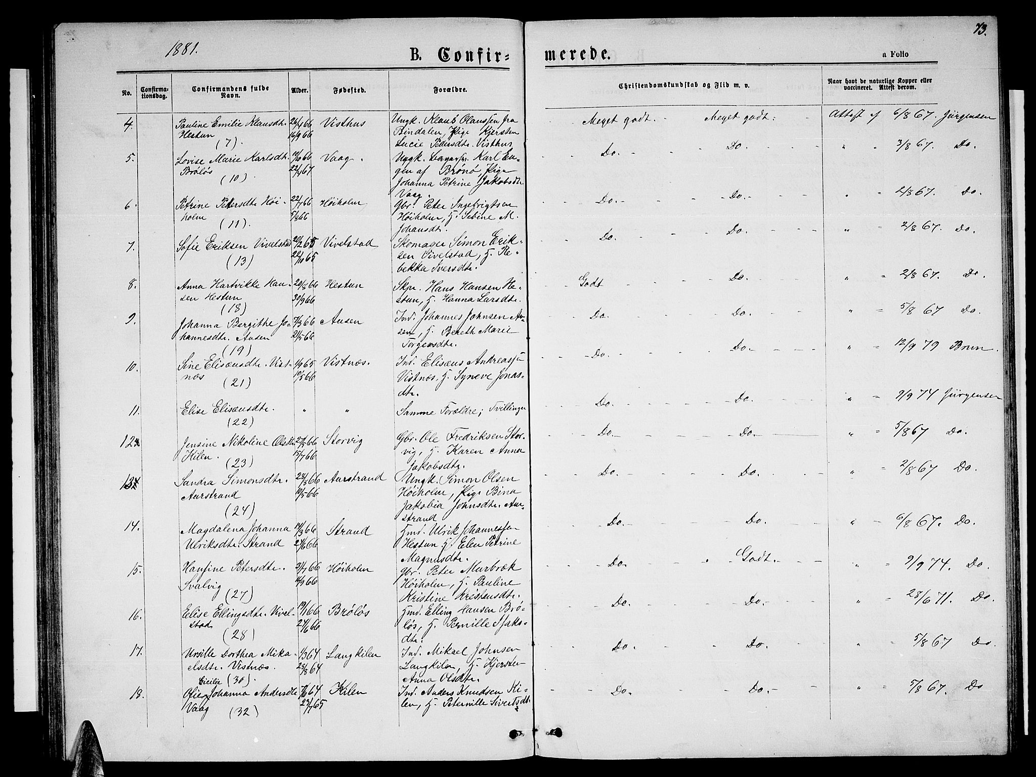 Ministerialprotokoller, klokkerbøker og fødselsregistre - Nordland, AV/SAT-A-1459/819/L0276: Parish register (copy) no. 819C02, 1869-1887, p. 73