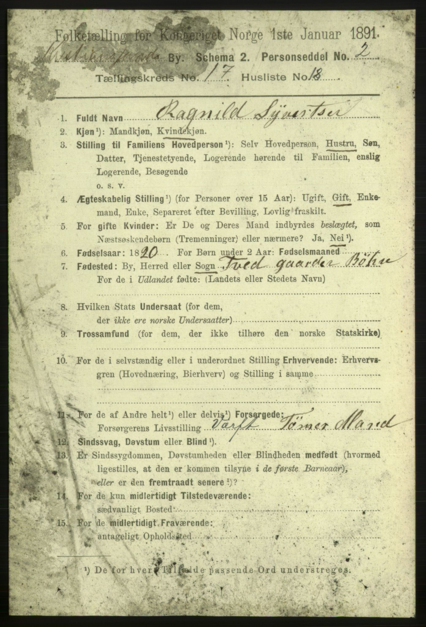 RA, 1891 census for 1001 Kristiansand, 1891, p. 6892