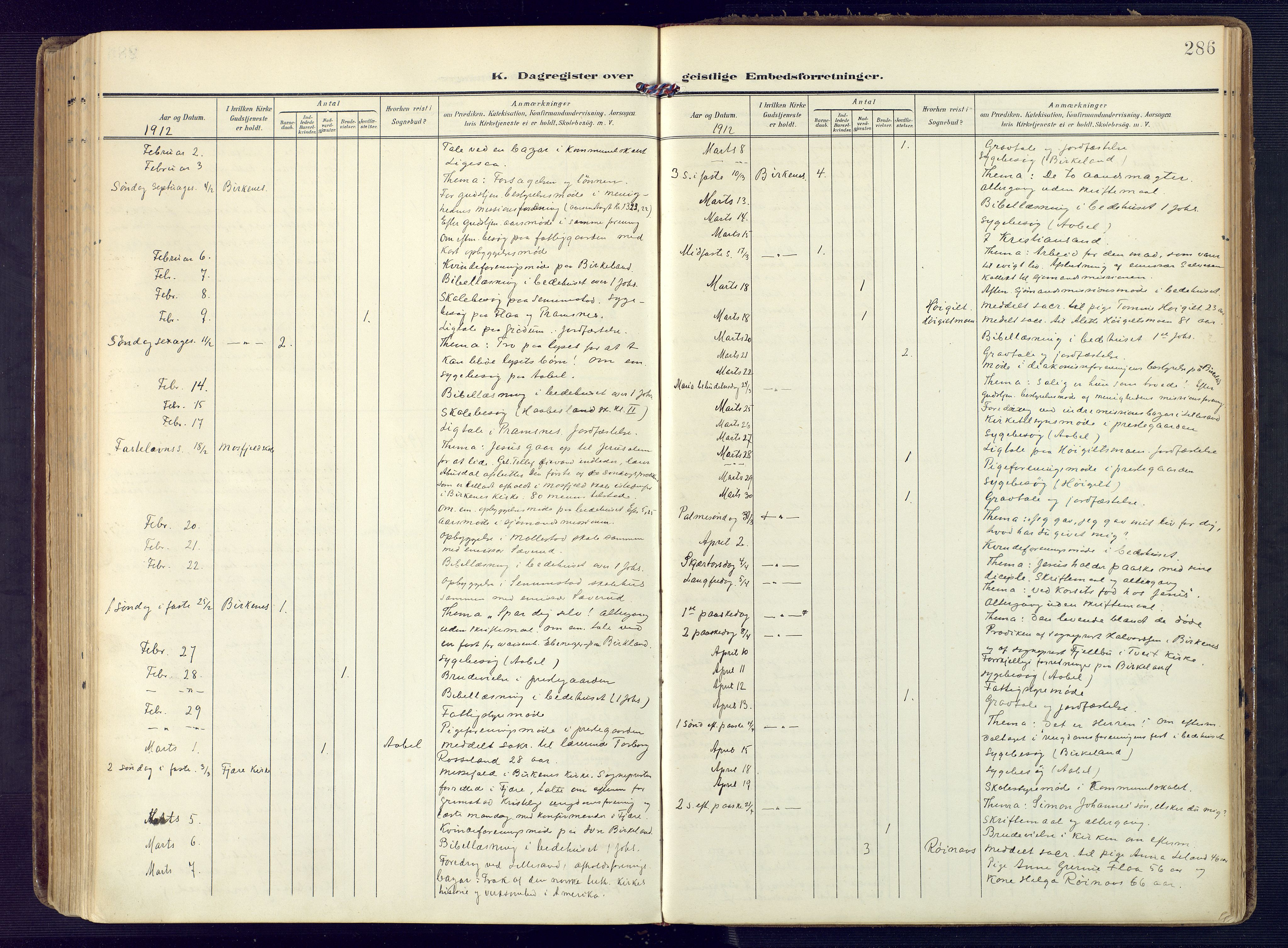Birkenes sokneprestkontor, SAK/1111-0004/F/Fa/L0006: Parish register (official) no. A 6, 1908-1932, p. 286