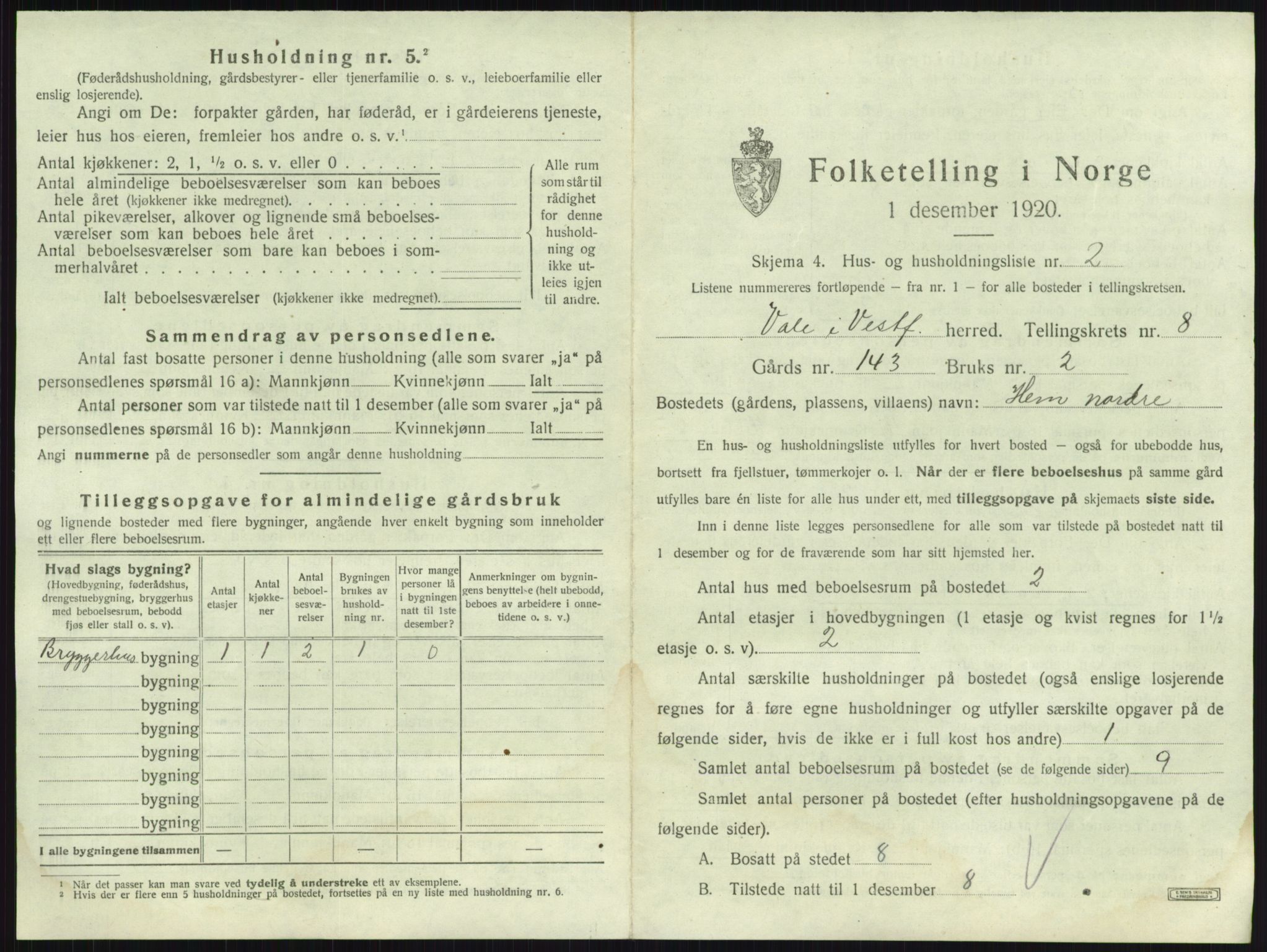 SAKO, 1920 census for Våle, 1920, p. 976