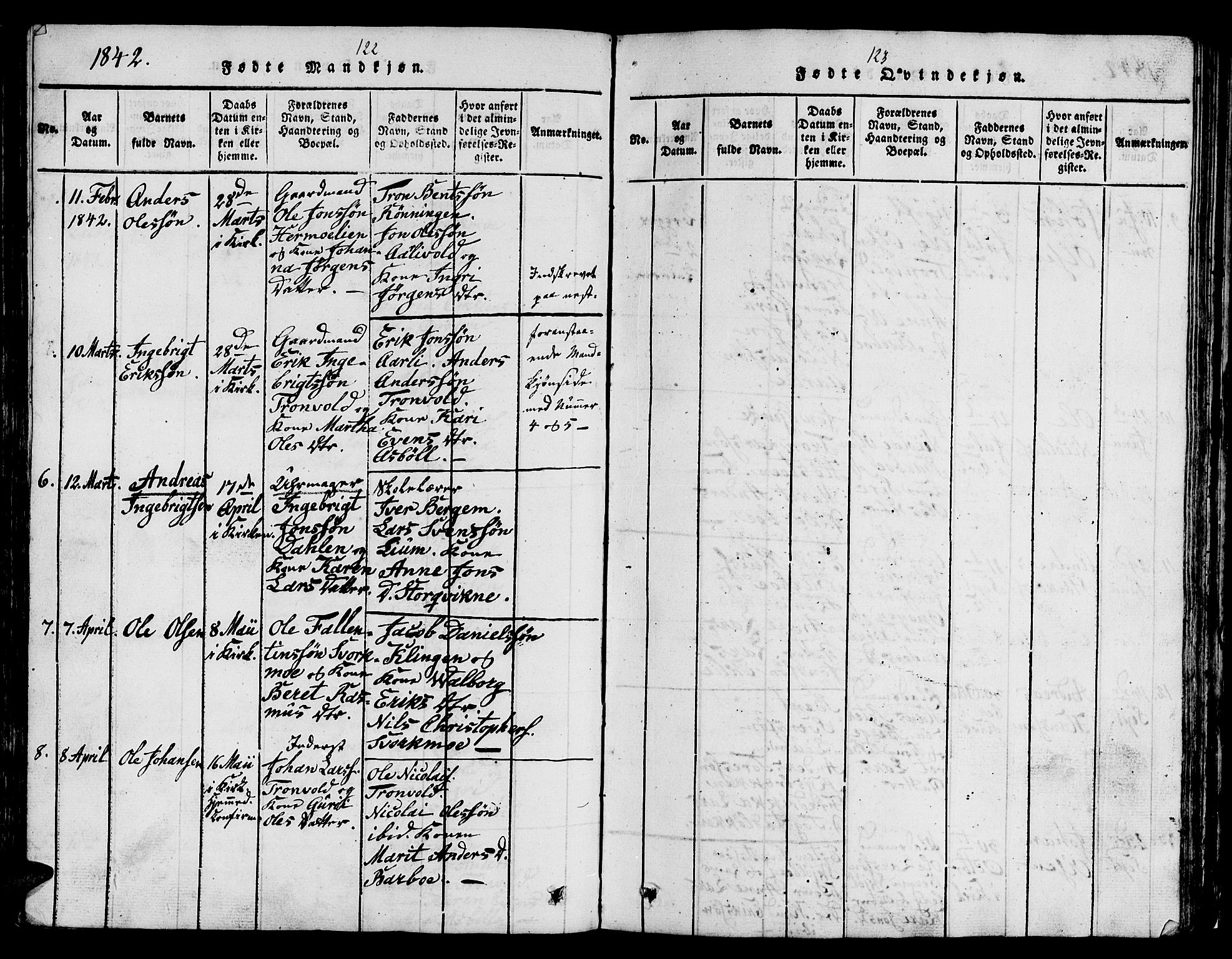 Ministerialprotokoller, klokkerbøker og fødselsregistre - Sør-Trøndelag, SAT/A-1456/671/L0842: Parish register (copy) no. 671C01, 1816-1867, p. 122-123