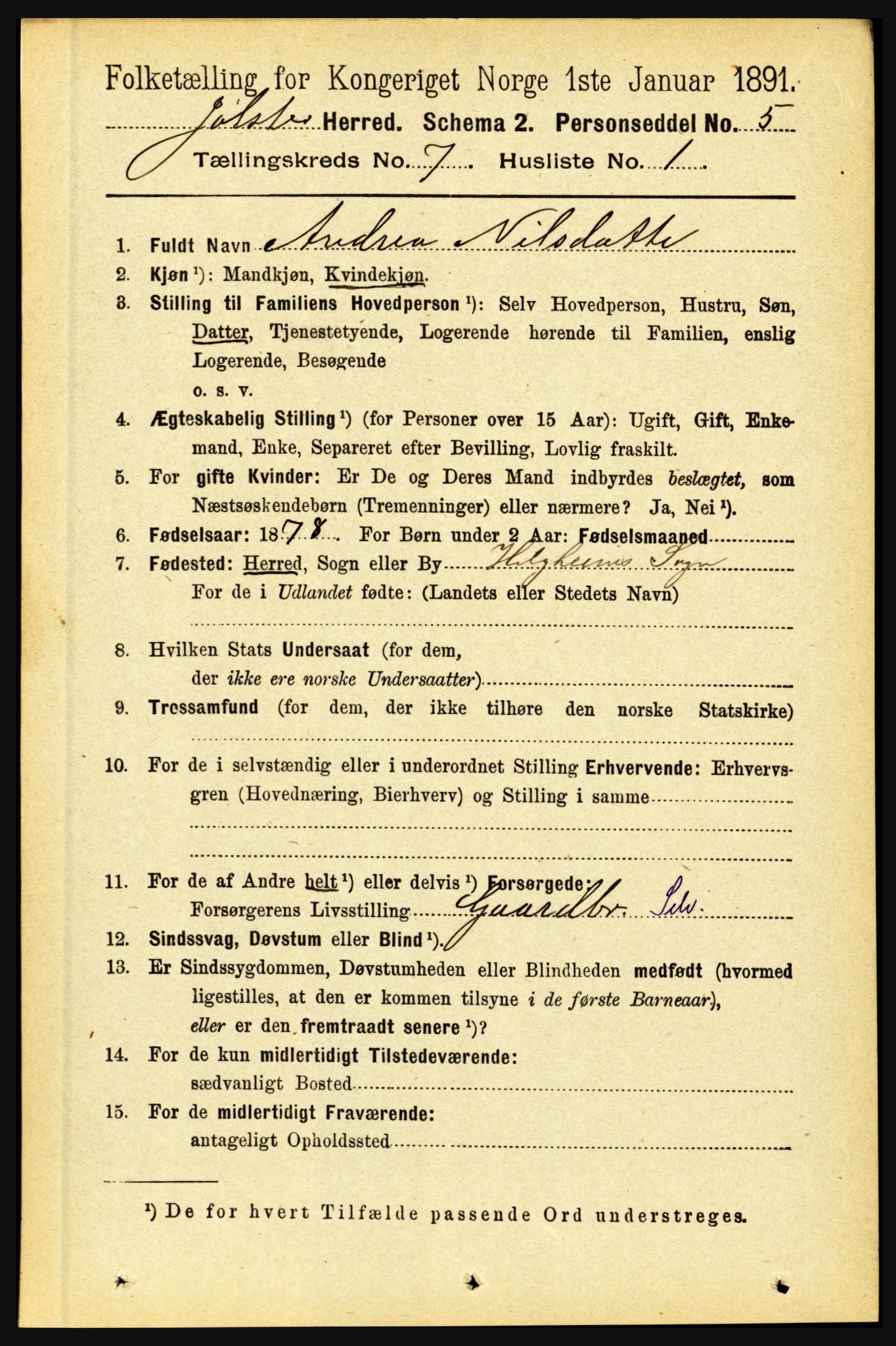 RA, 1891 census for 1431 Jølster, 1891, p. 2459