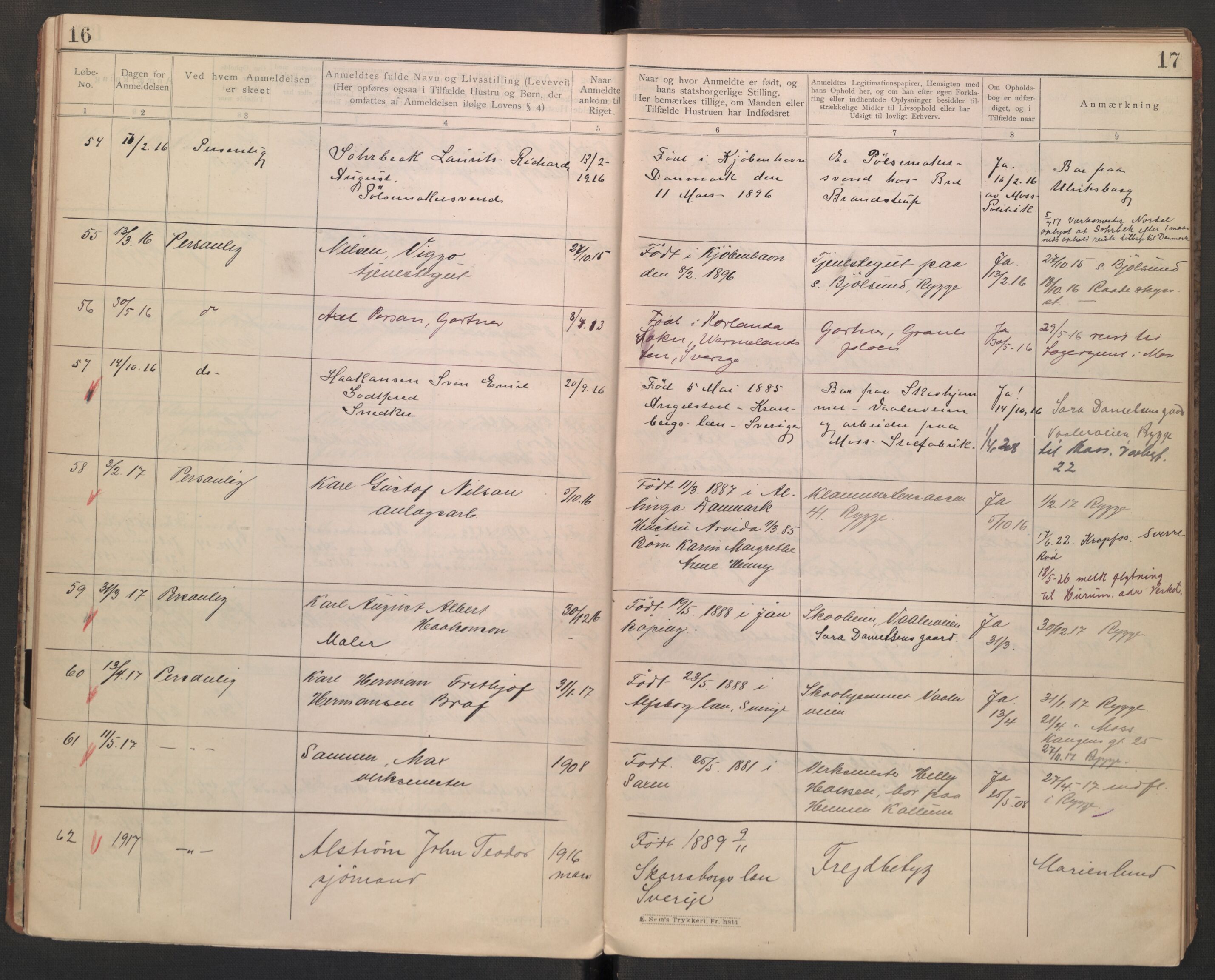Rygge lensmannskontor, AV/SAO-A-10005/I/Ic/Ica/L0002: Protokoll over fremmede statsborgere, 1902-1928, p. 16-17