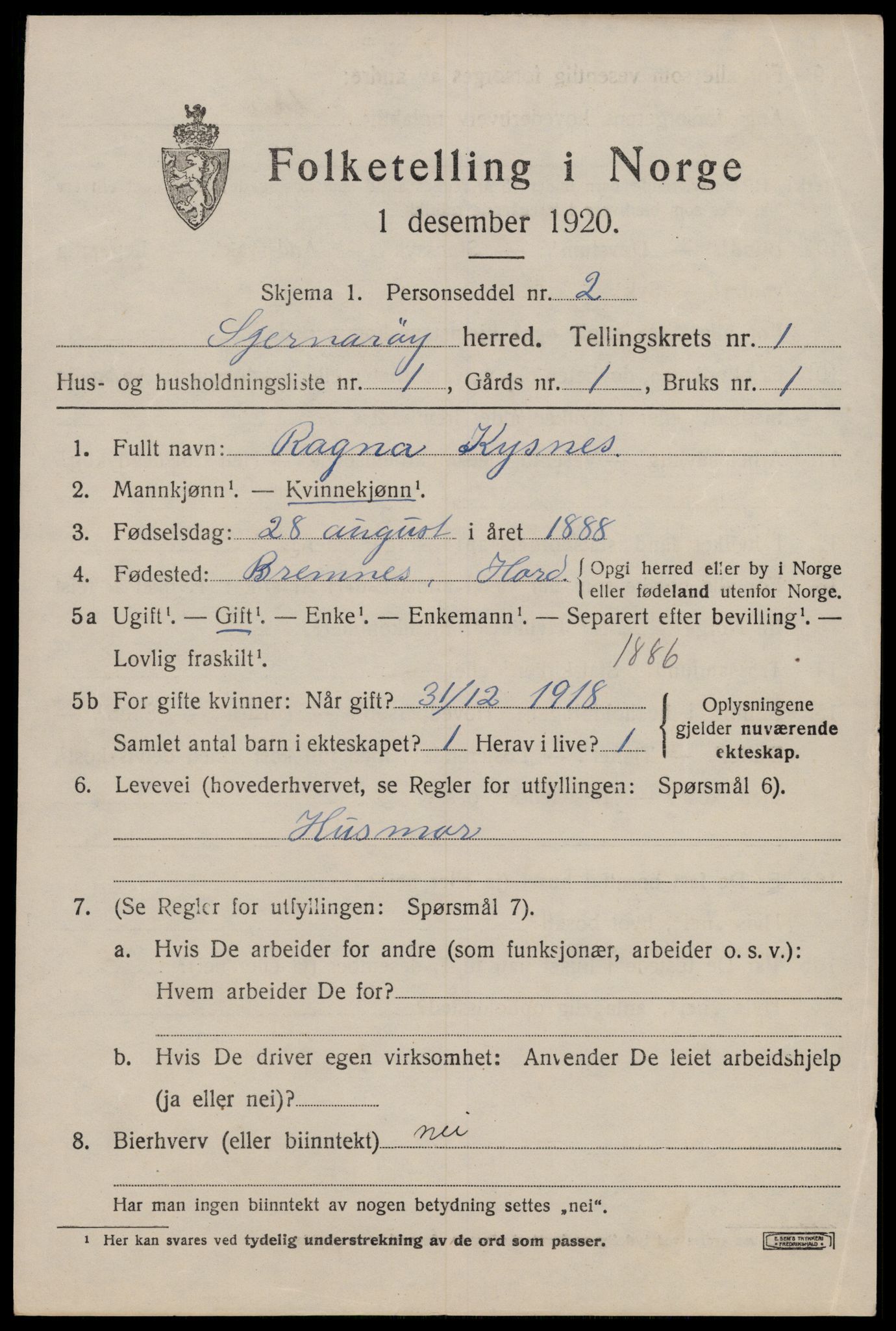 SAST, 1920 census for Sjernarøy, 1920, p. 406