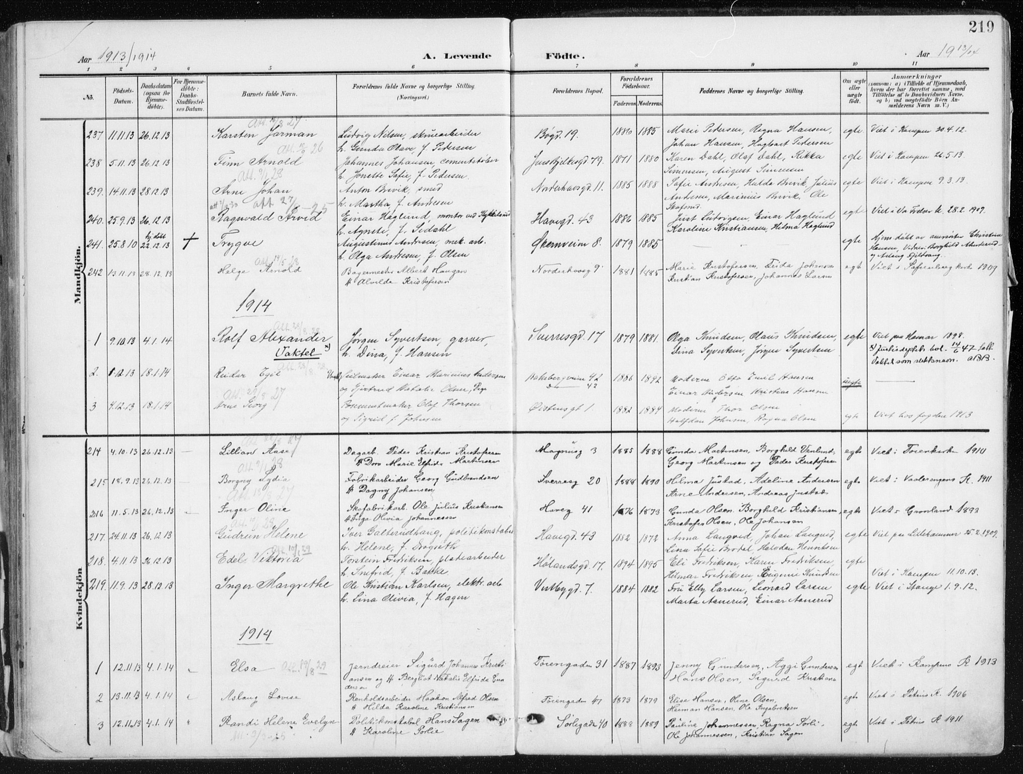 Kampen prestekontor Kirkebøker, SAO/A-10853/F/Fa/L0010: Parish register (official) no. I 10, 1905-1917, p. 219