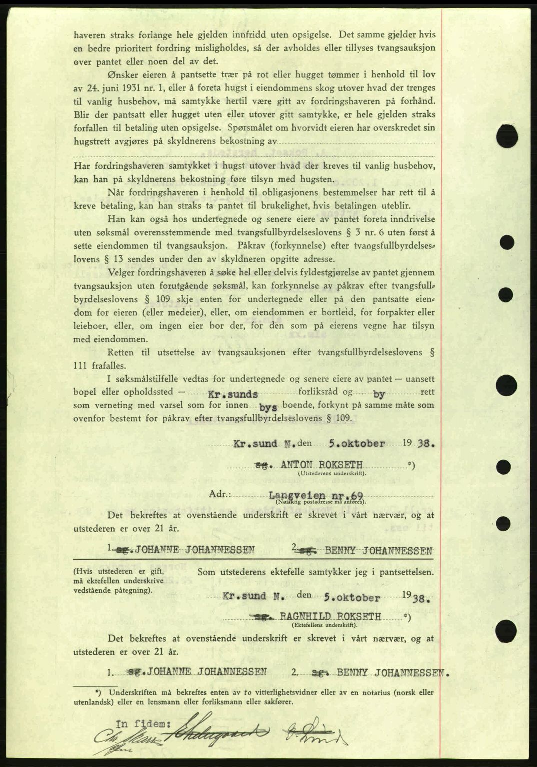 Kristiansund byfogd, SAT/A-4587/A/27: Mortgage book no. 31, 1938-1939, Diary no: : 728/1938