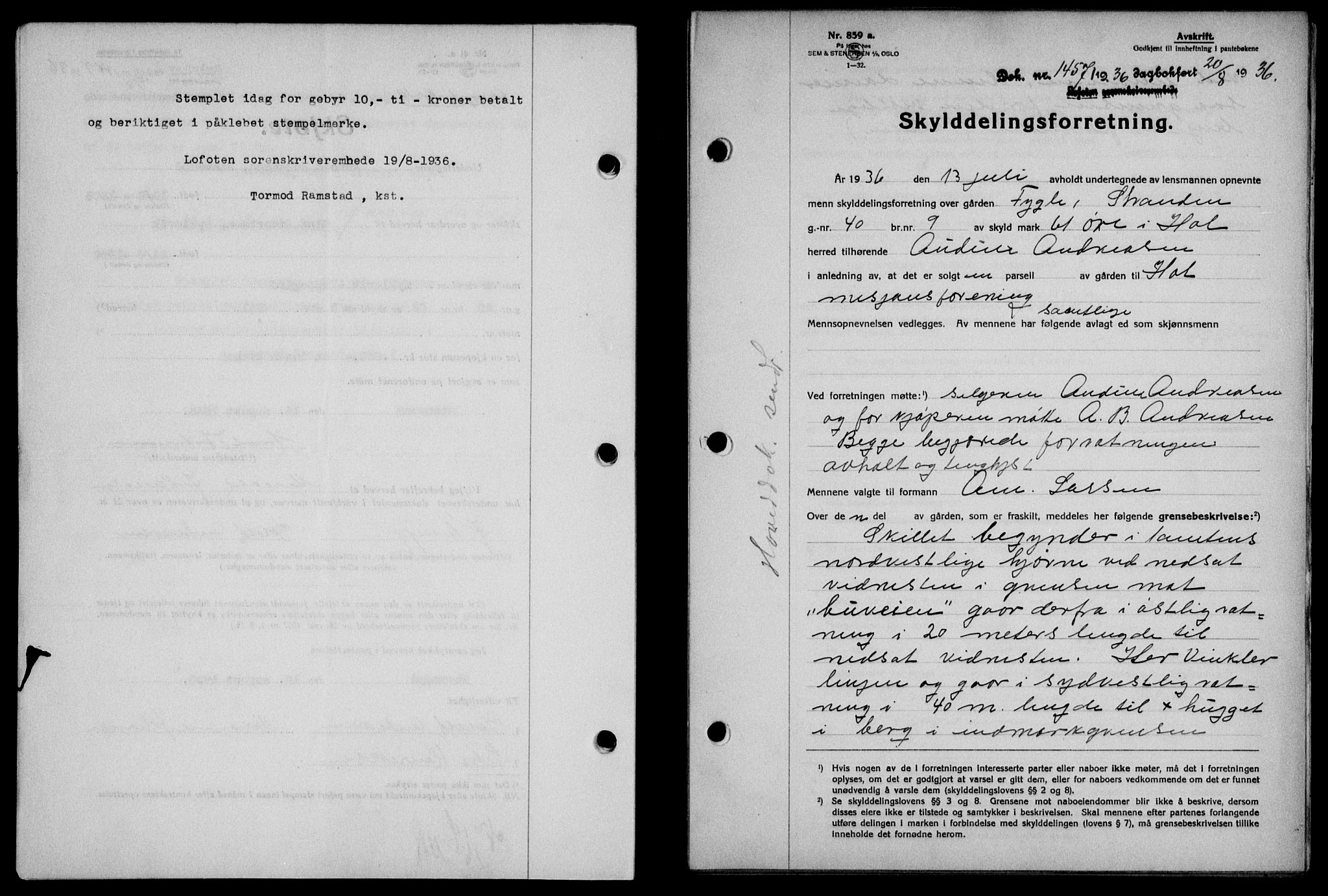 Lofoten sorenskriveri, SAT/A-0017/1/2/2C/L0001a: Mortgage book no. 1a, 1936-1937, Diary no: : 1457/1936