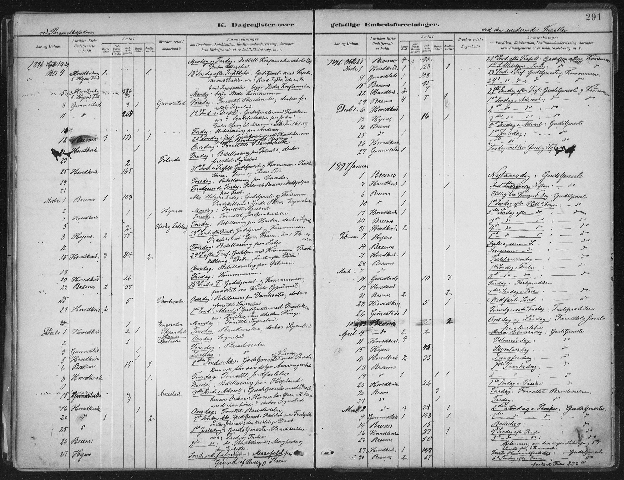 Gloppen sokneprestembete, AV/SAB-A-80101/H/Haa/Haab/L0001: Parish register (official) no. B  1, 1885-1905, p. 291