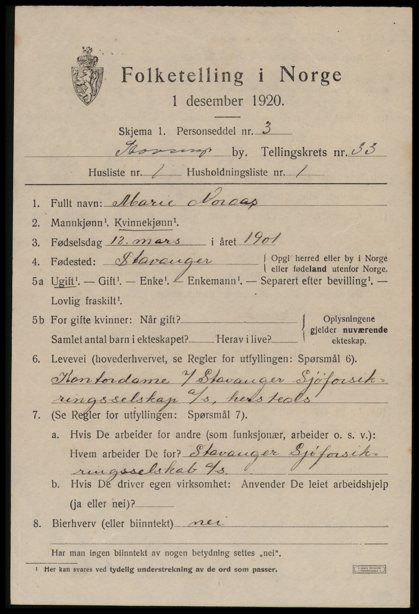 SAST, 1920 census for Stavanger, 1920, p. 90704