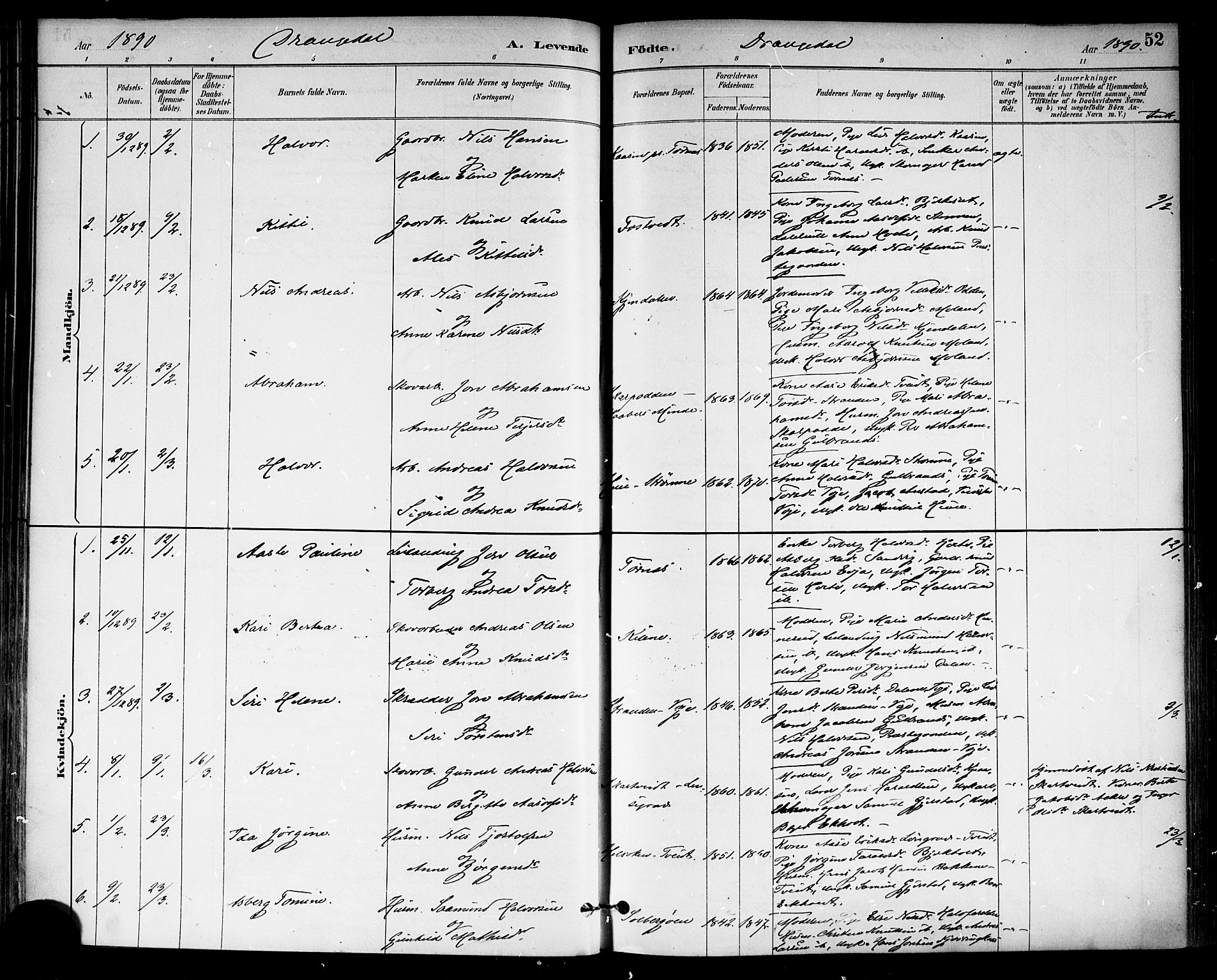 Drangedal kirkebøker, SAKO/A-258/F/Fa/L0010: Parish register (official) no. 10 /1, 1885-1894, p. 52