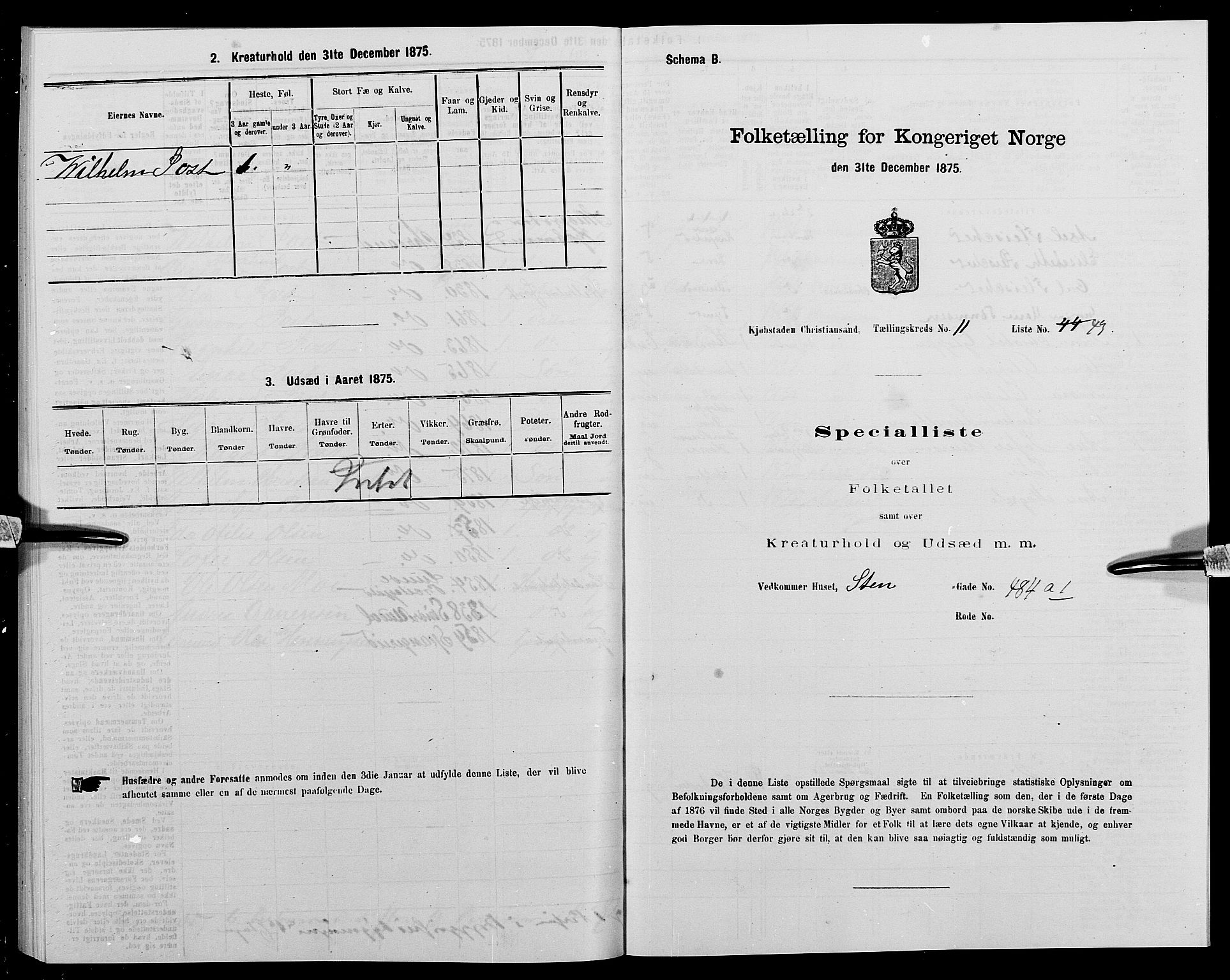 SAK, 1875 census for 1001P Kristiansand, 1875, p. 1909