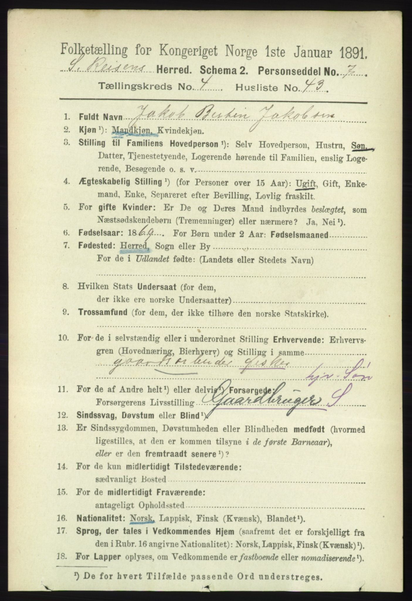 RA, 1891 census for 1925 Sørreisa, 1891, p. 1373