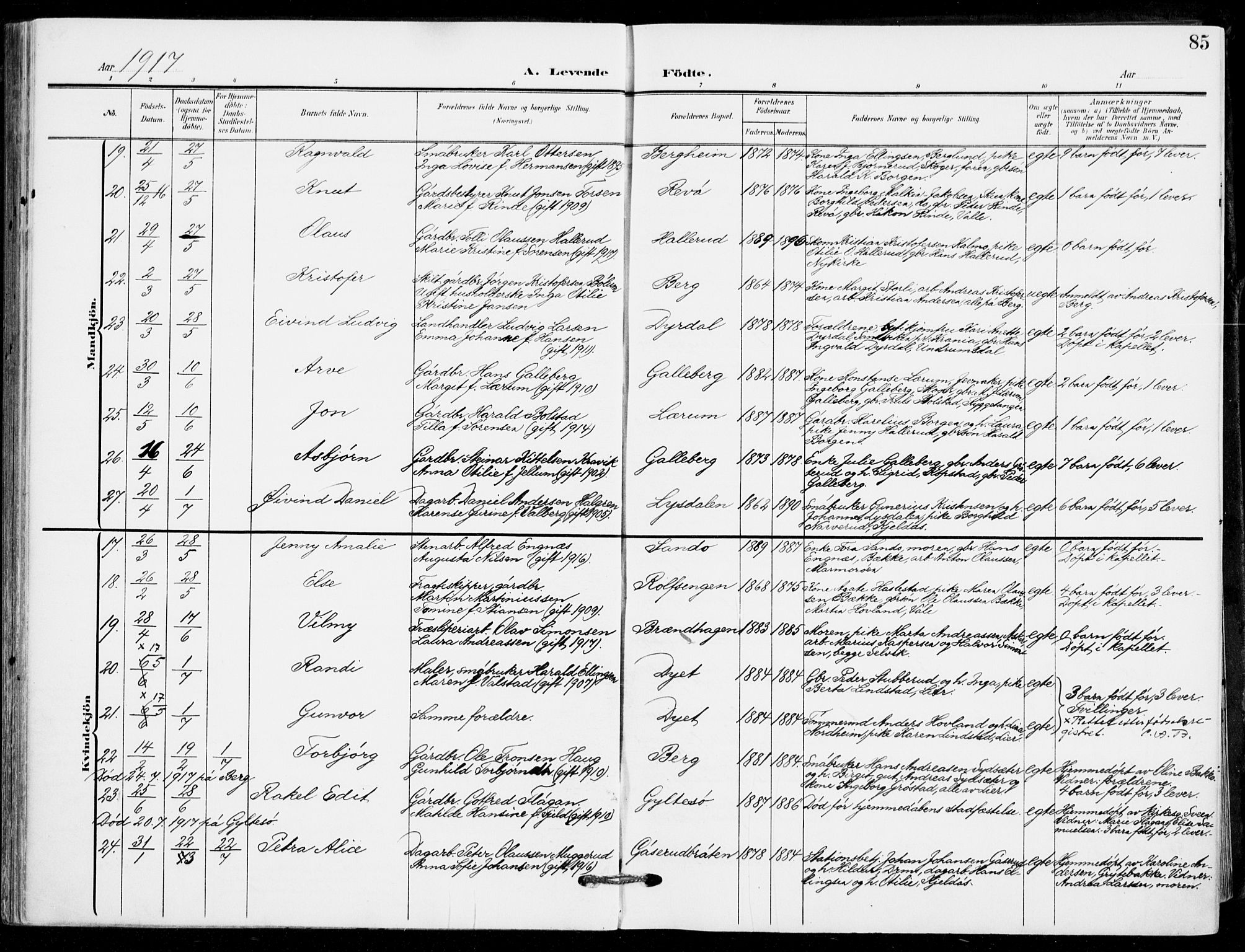 Sande Kirkebøker, AV/SAKO-A-53/F/Fa/L0008: Parish register (official) no. 8, 1904-1921, p. 85