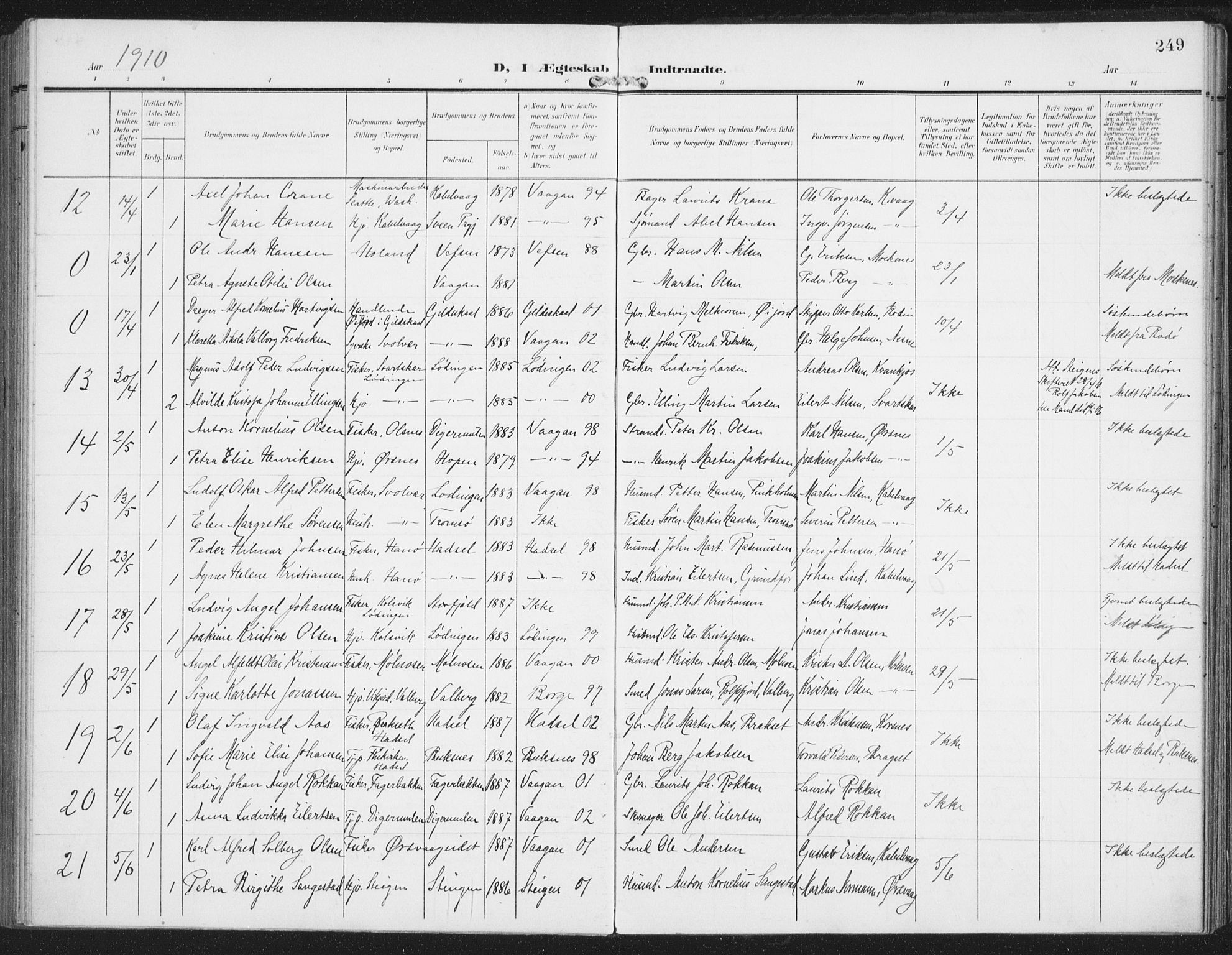 Ministerialprotokoller, klokkerbøker og fødselsregistre - Nordland, SAT/A-1459/874/L1063: Parish register (official) no. 874A07, 1907-1915, p. 249