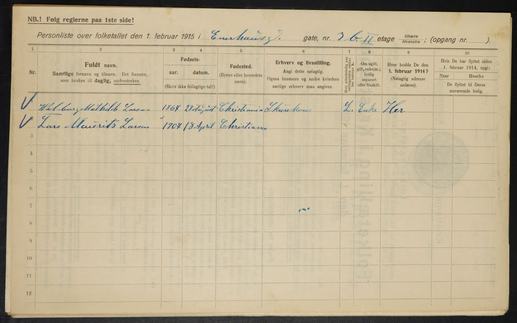 OBA, Municipal Census 1915 for Kristiania, 1915, p. 21087